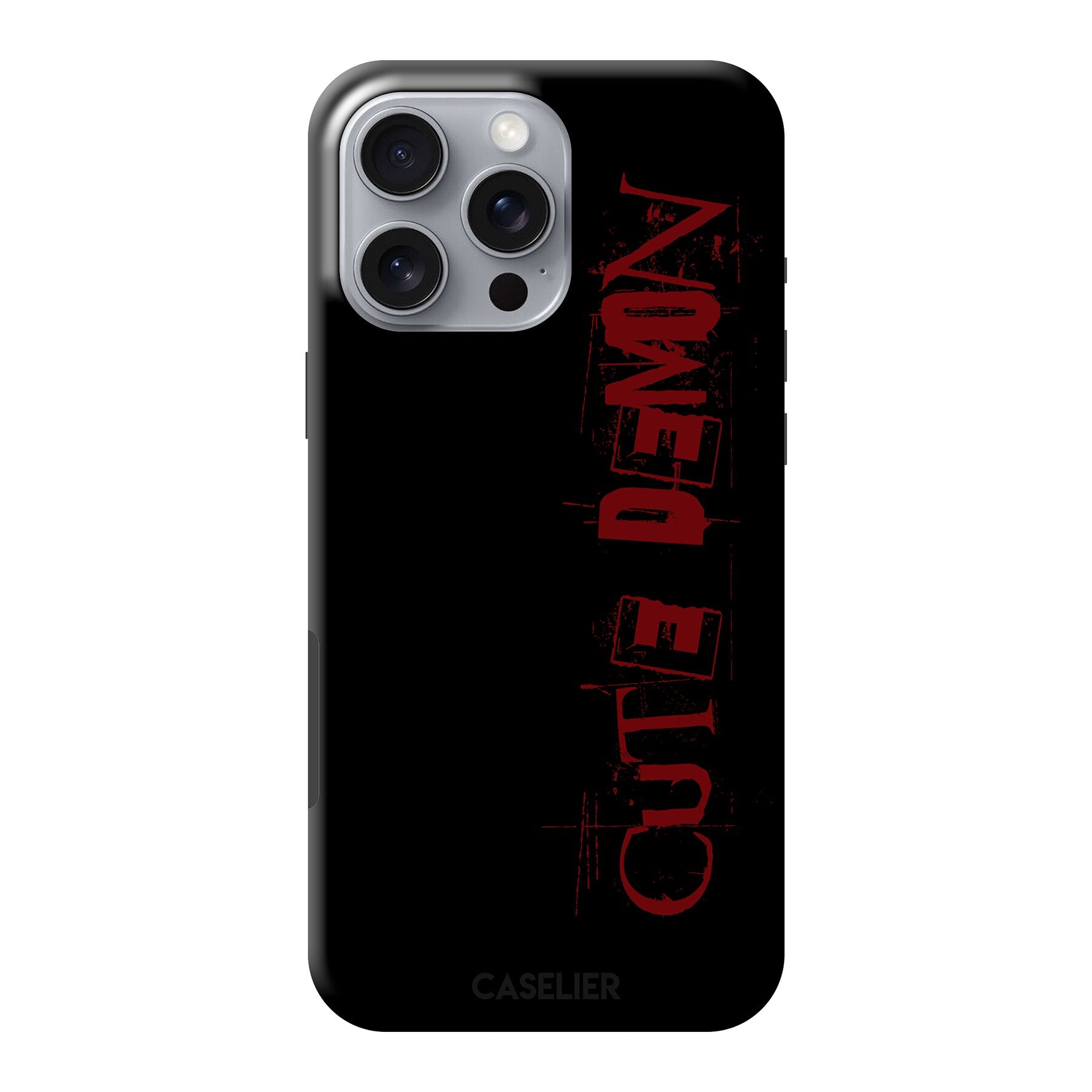 Black phone case with red text and 'Caselier' branding