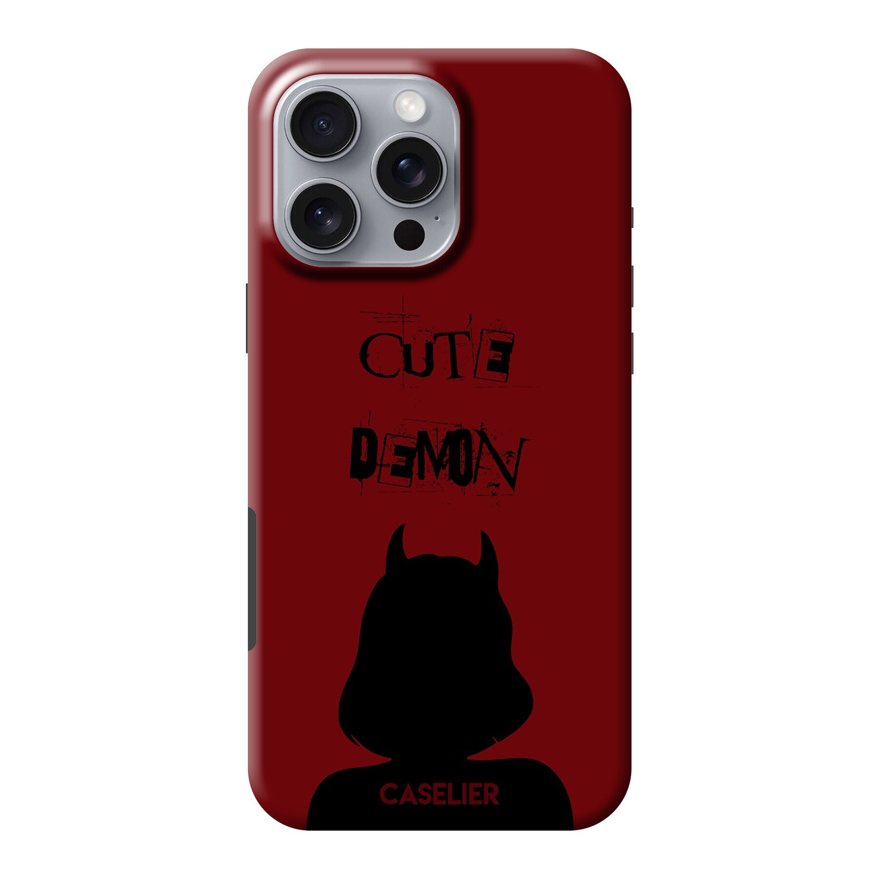 Phone case with 'Cute Demon' design on a red background