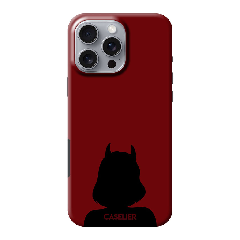 Phone case with a silhouette design and 'CASELIER' branding on a red background