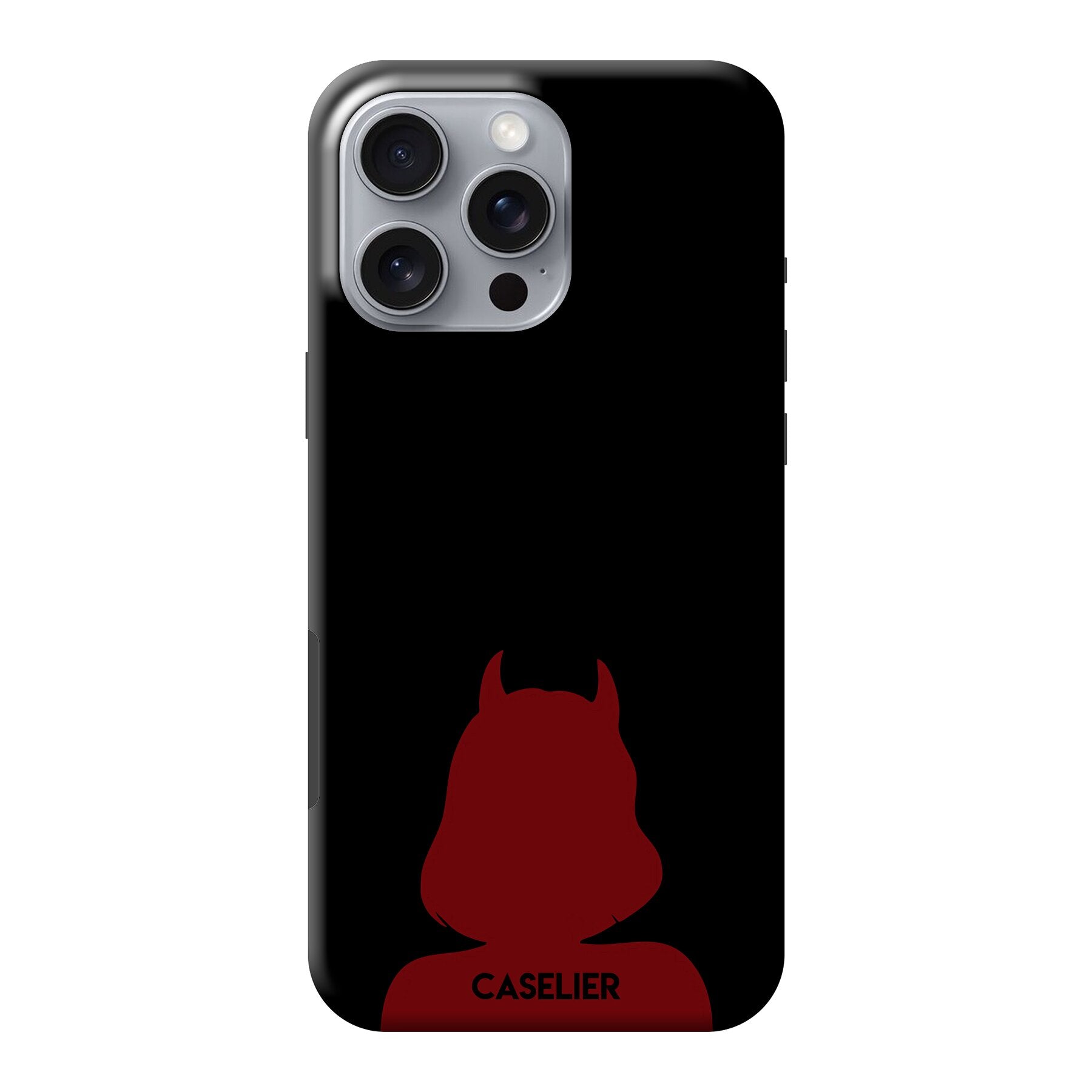 Phone case with red devil silhouette and 'CASELIER' branding on a black background
