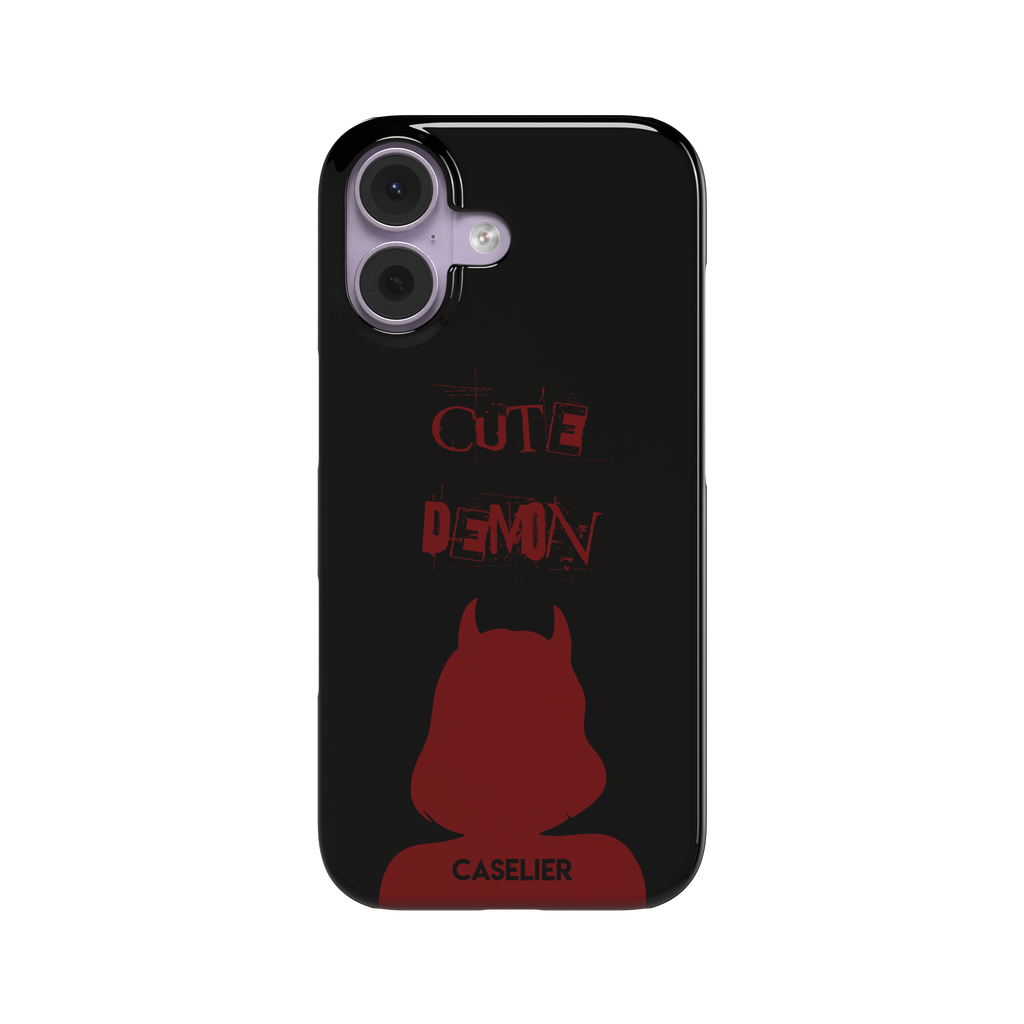 Cute Demon phone case in black with deep red devil-horned silhouette and distressed Cute Demon text, phone case by Caselier — snap case, front view