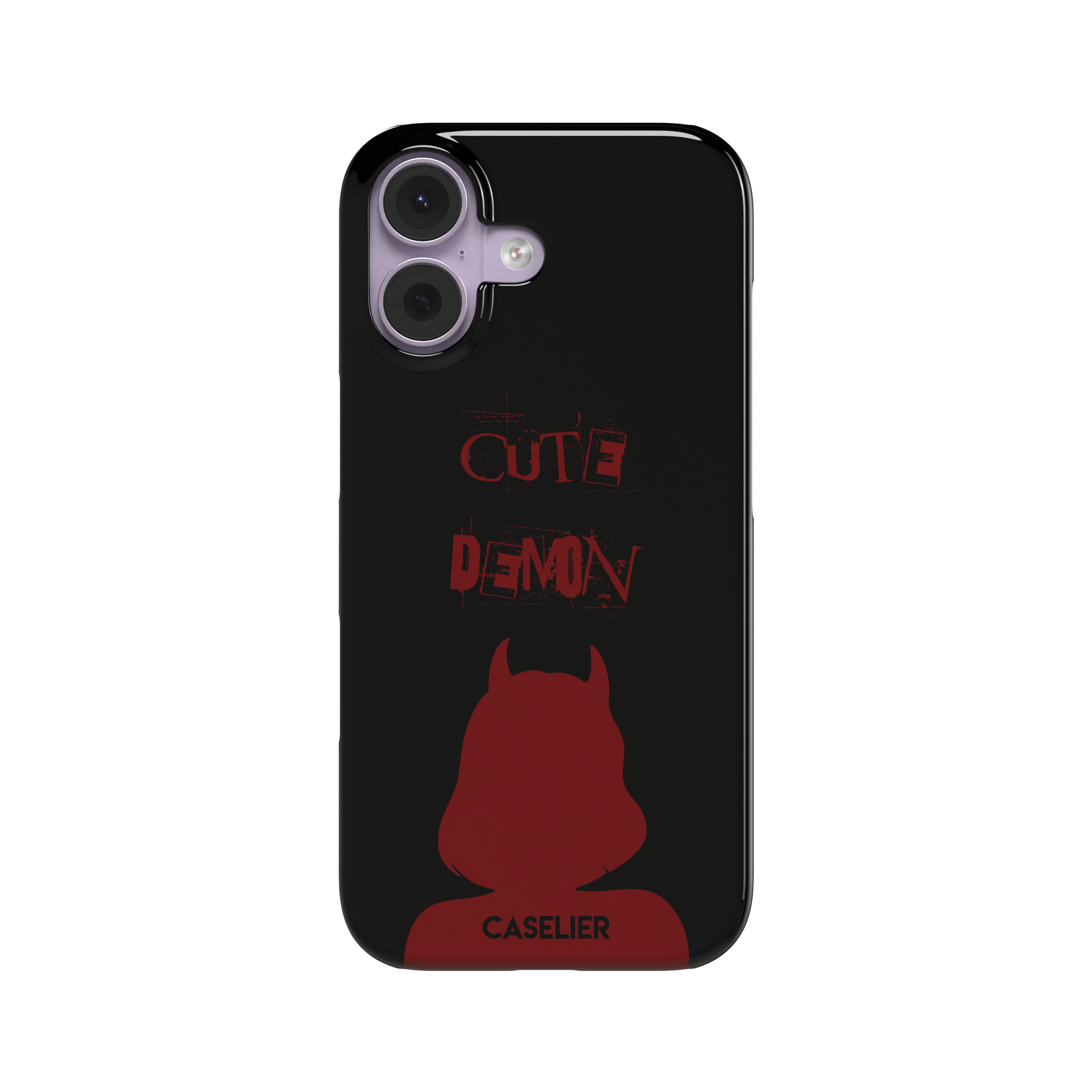 Cute Demon phone case in black with deep red devil-horned silhouette and distressed Cute Demon text, phone case by Caselier — snap case, front view