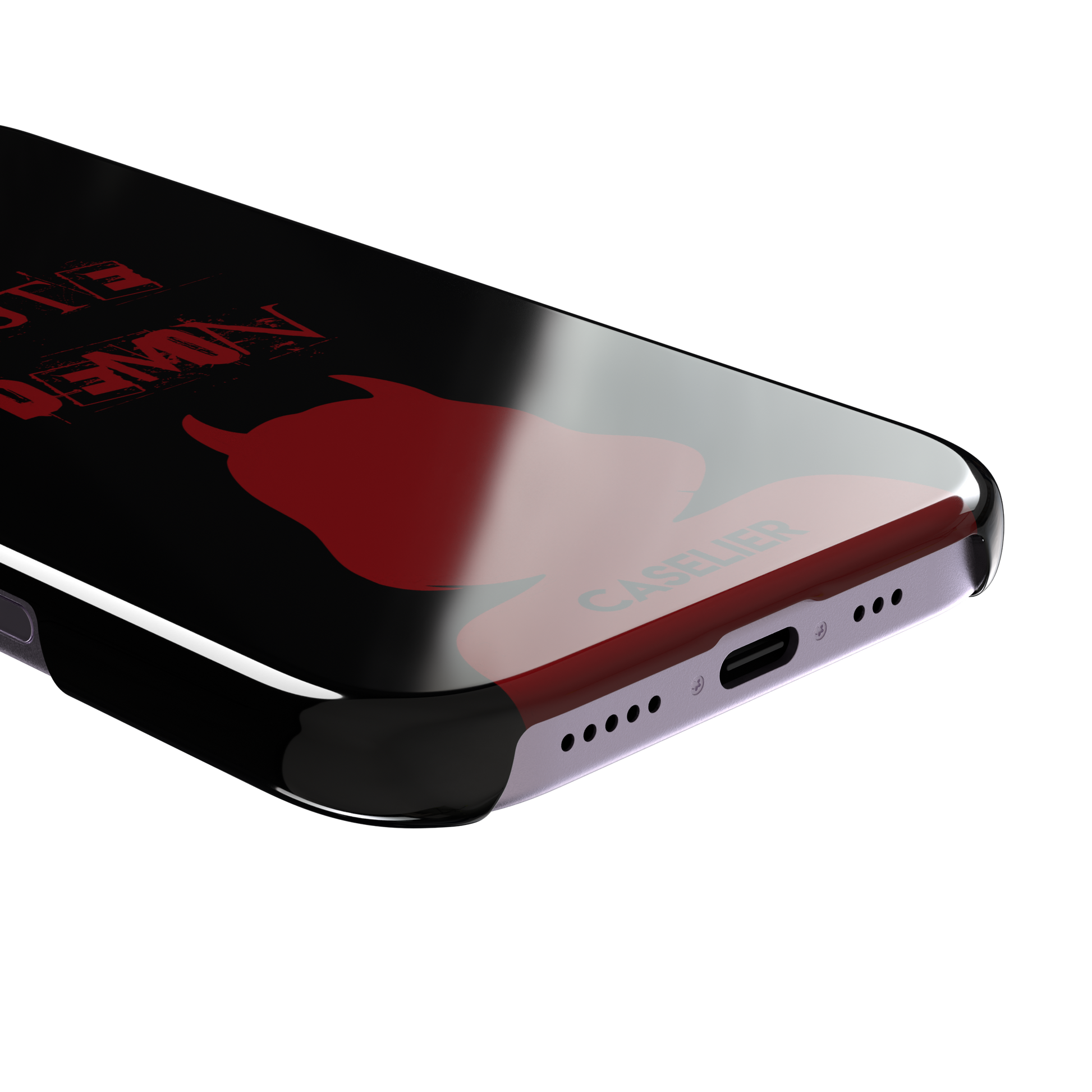 Cute Demon phone case in black with deep red devil-horned silhouette and distressed Cute Demon text, phone case by Caselier — snap case, charging port detail