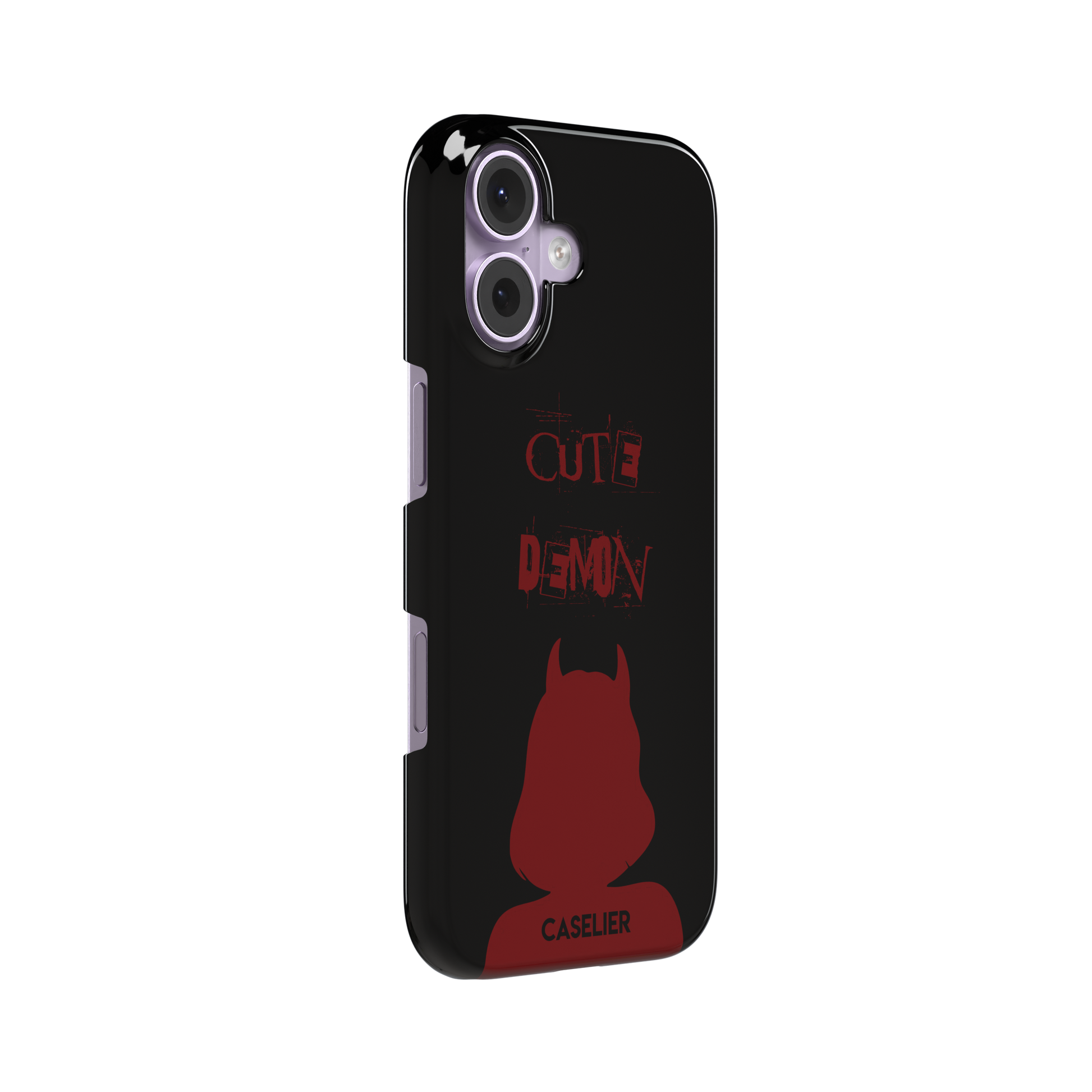 Cute Demon phone case in black with deep red devil-horned silhouette and distressed Cute Demon text, phone case by Caselier — snap case, left view