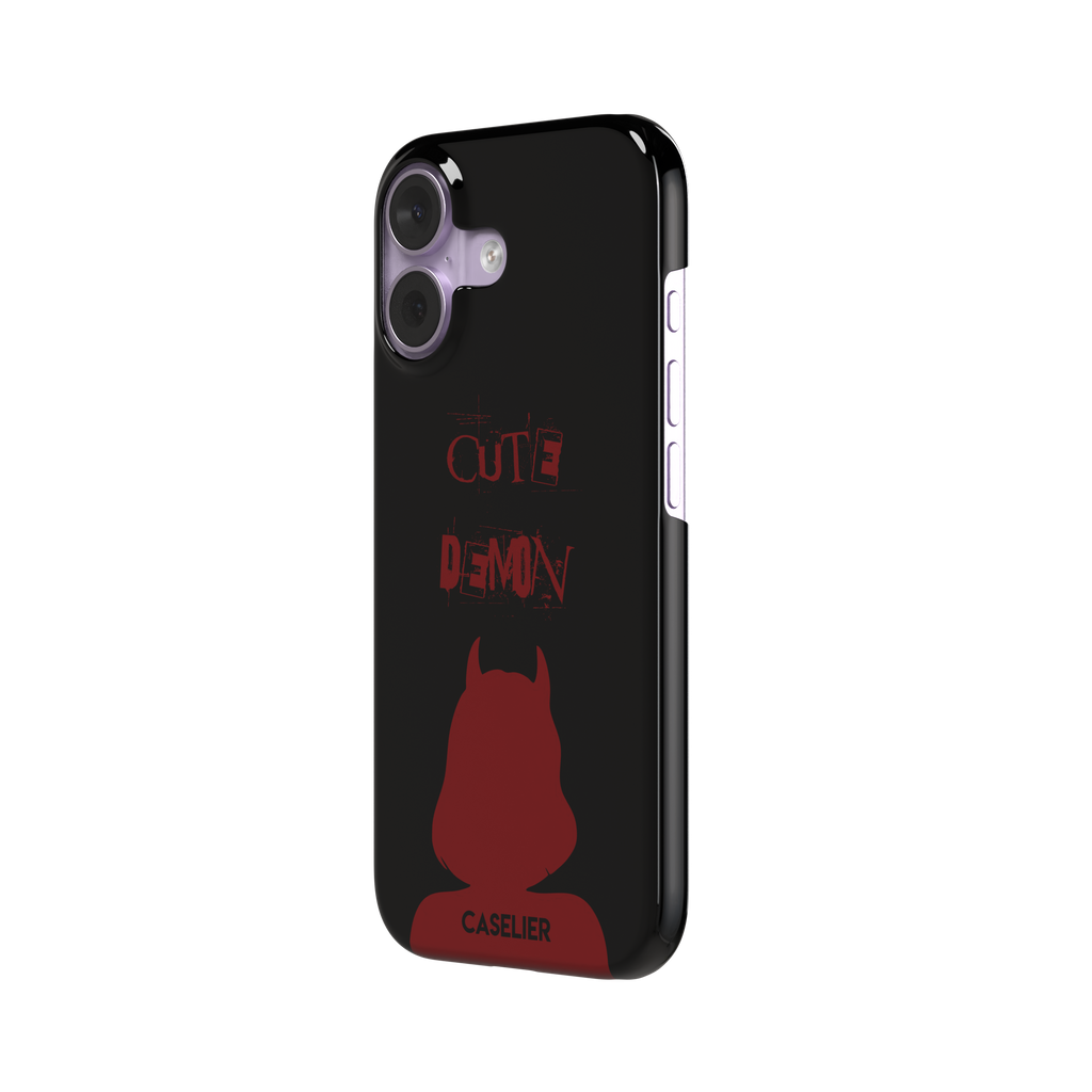 Cute Demon phone case in black with deep red devil-horned silhouette and distressed Cute Demon text, phone case by Caselier — snap case, right view