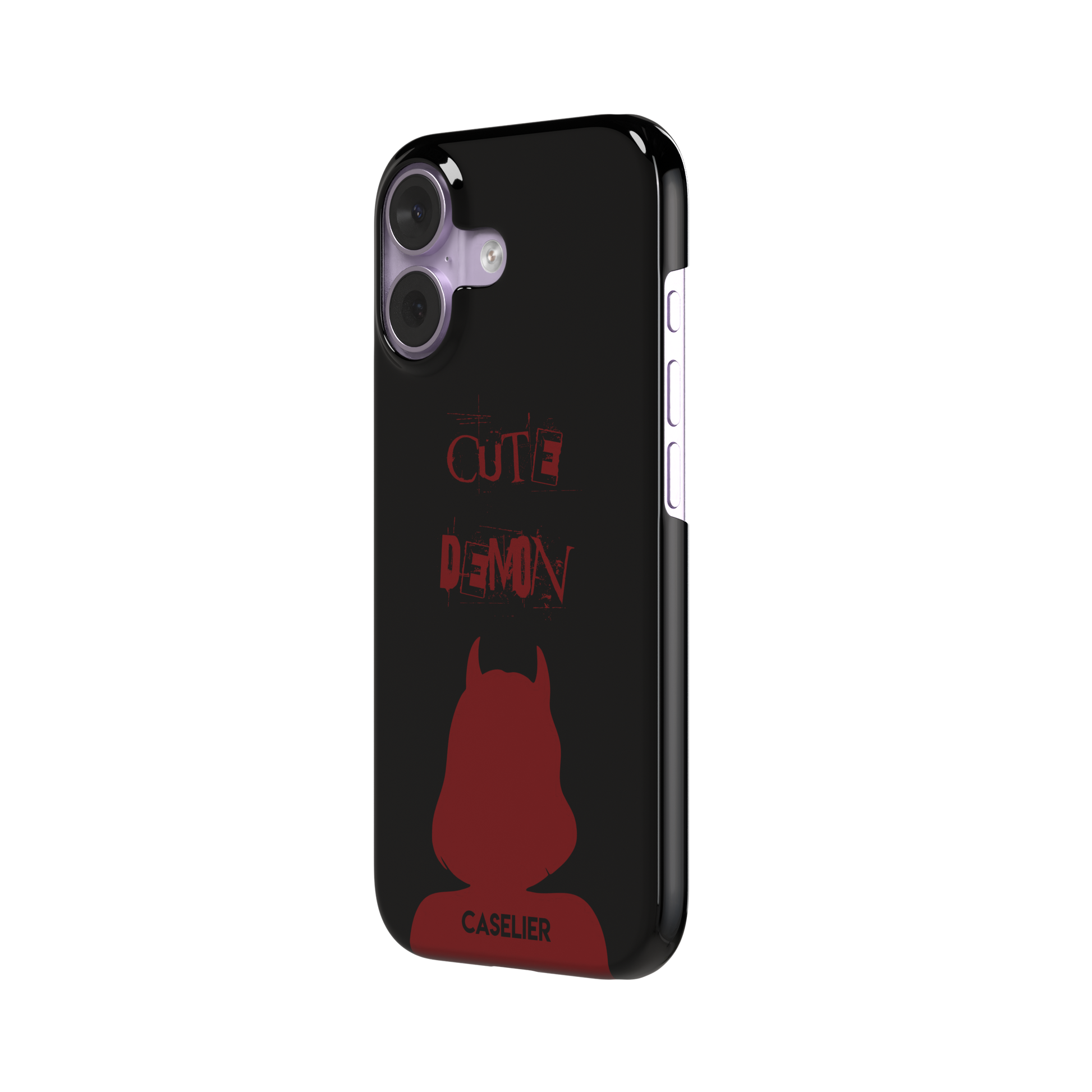 Cute Demon phone case in black with deep red devil-horned silhouette and distressed Cute Demon text, phone case by Caselier — snap case, right view