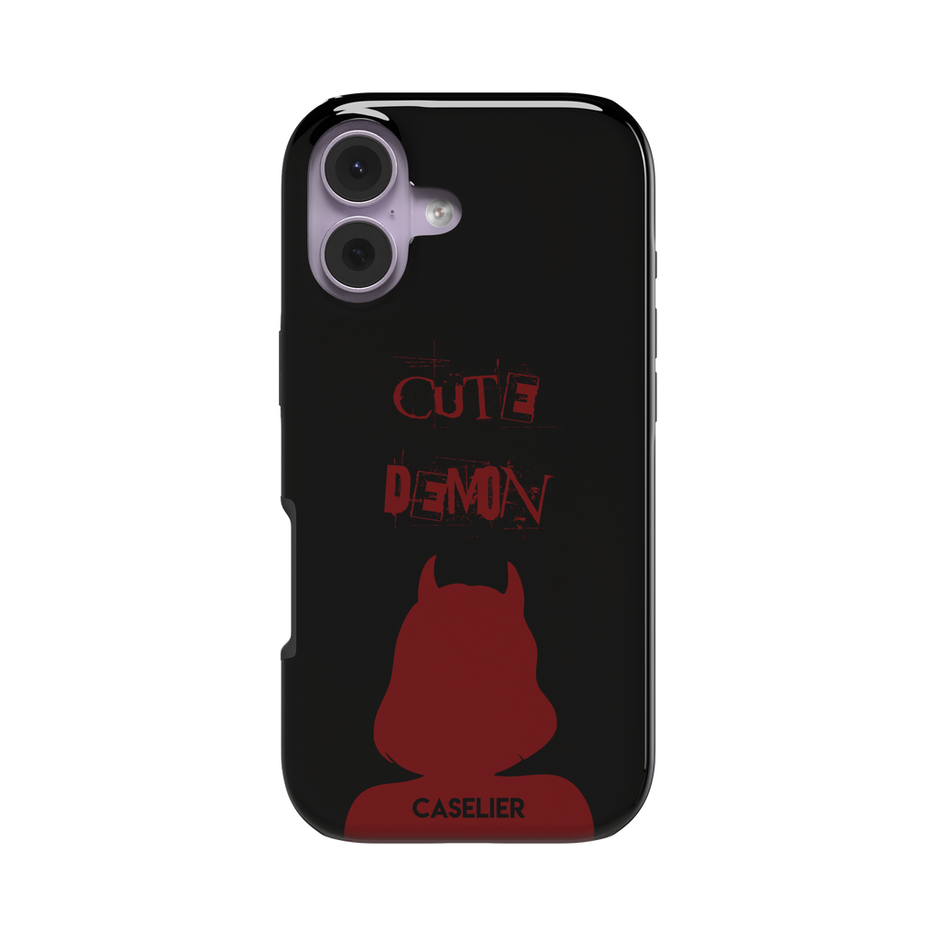 Cute Demon phone case in black with deep red devil-horned silhouette and distressed Cute Demon text, phone case by Caselier — tough case, front view
