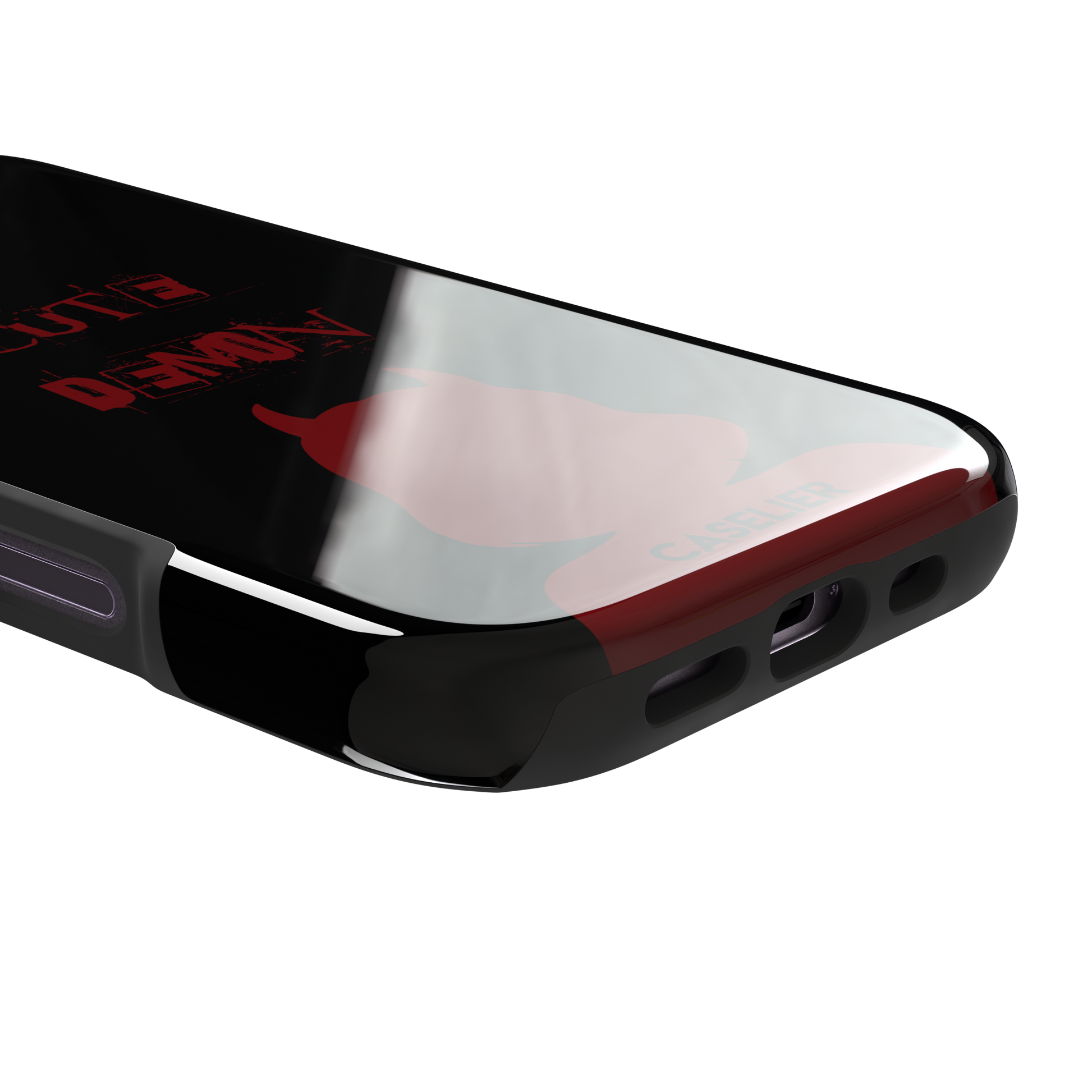 Cute Demon phone case in black with deep red devil-horned silhouette and distressed Cute Demon text, phone case by Caselier — tough case, charging port detail