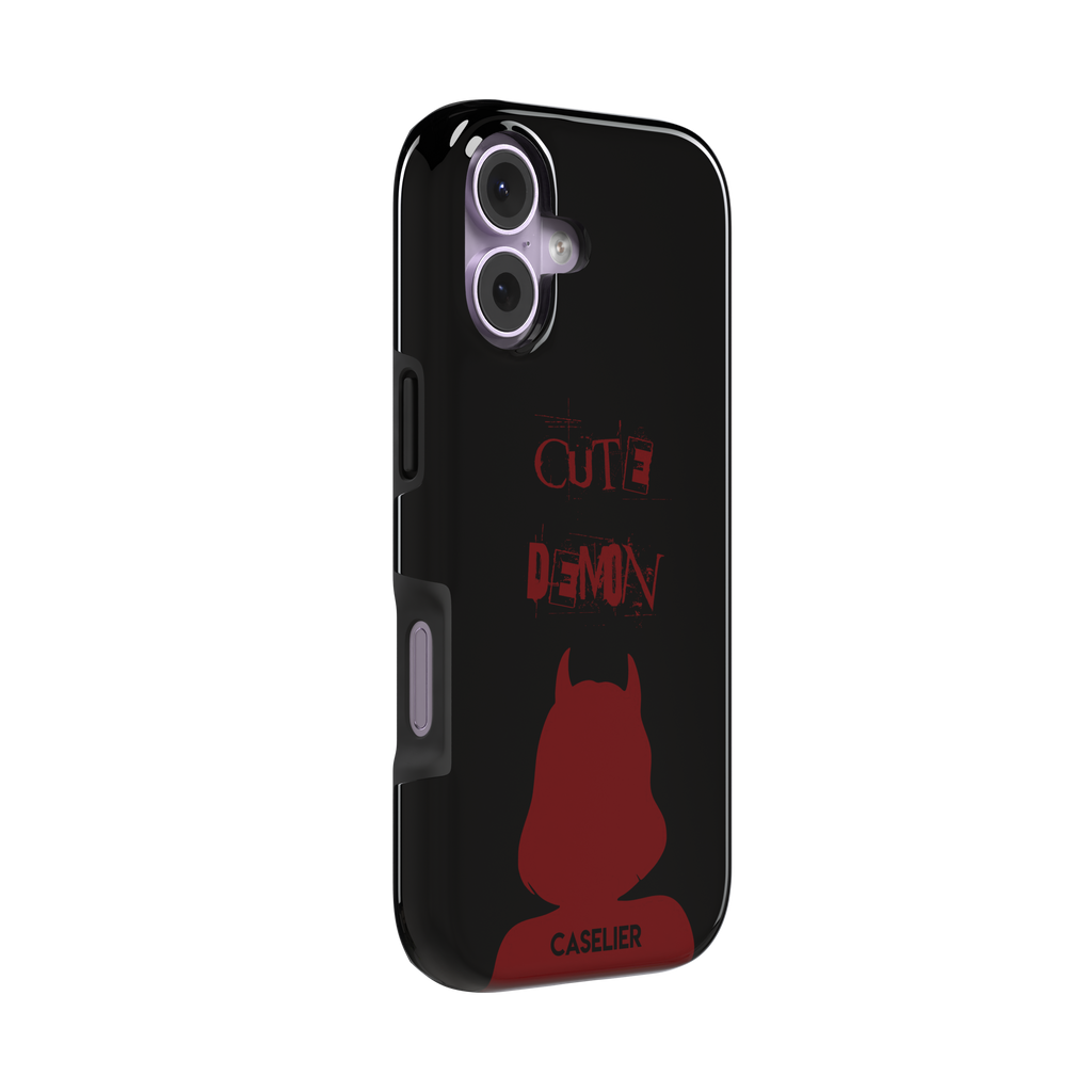 Cute Demon phone case in black with deep red devil-horned silhouette and distressed Cute Demon text, phone case by Caselier — tough case, left view