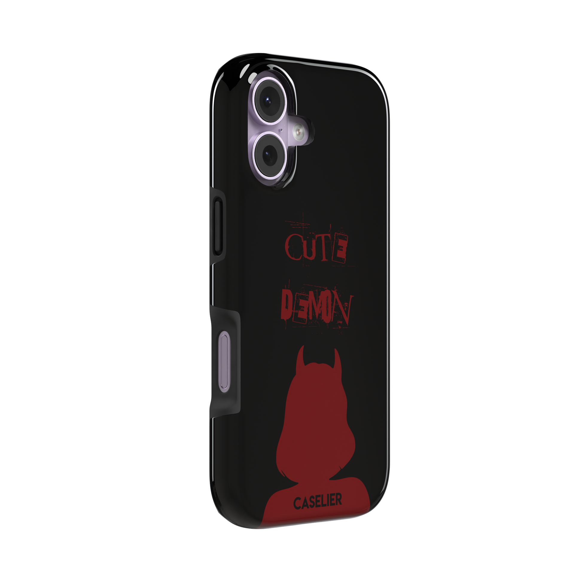 Cute Demon phone case in black with deep red devil-horned silhouette and distressed Cute Demon text, phone case by Caselier — tough case, left view