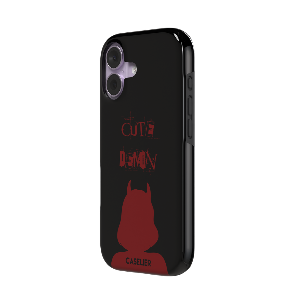 Cute Demon phone case in black with deep red devil-horned silhouette and distressed Cute Demon text, phone case by Caselier — tough case, right view