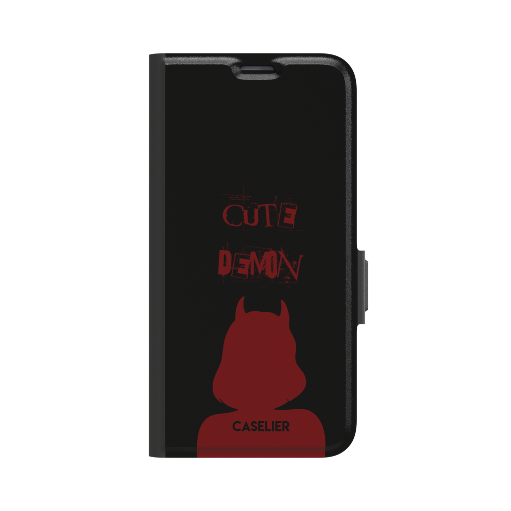 Cute Demon phone case in black with deep red devil-horned silhouette and distressed Cute Demon text, phone case by Caselier — wallet case, front view