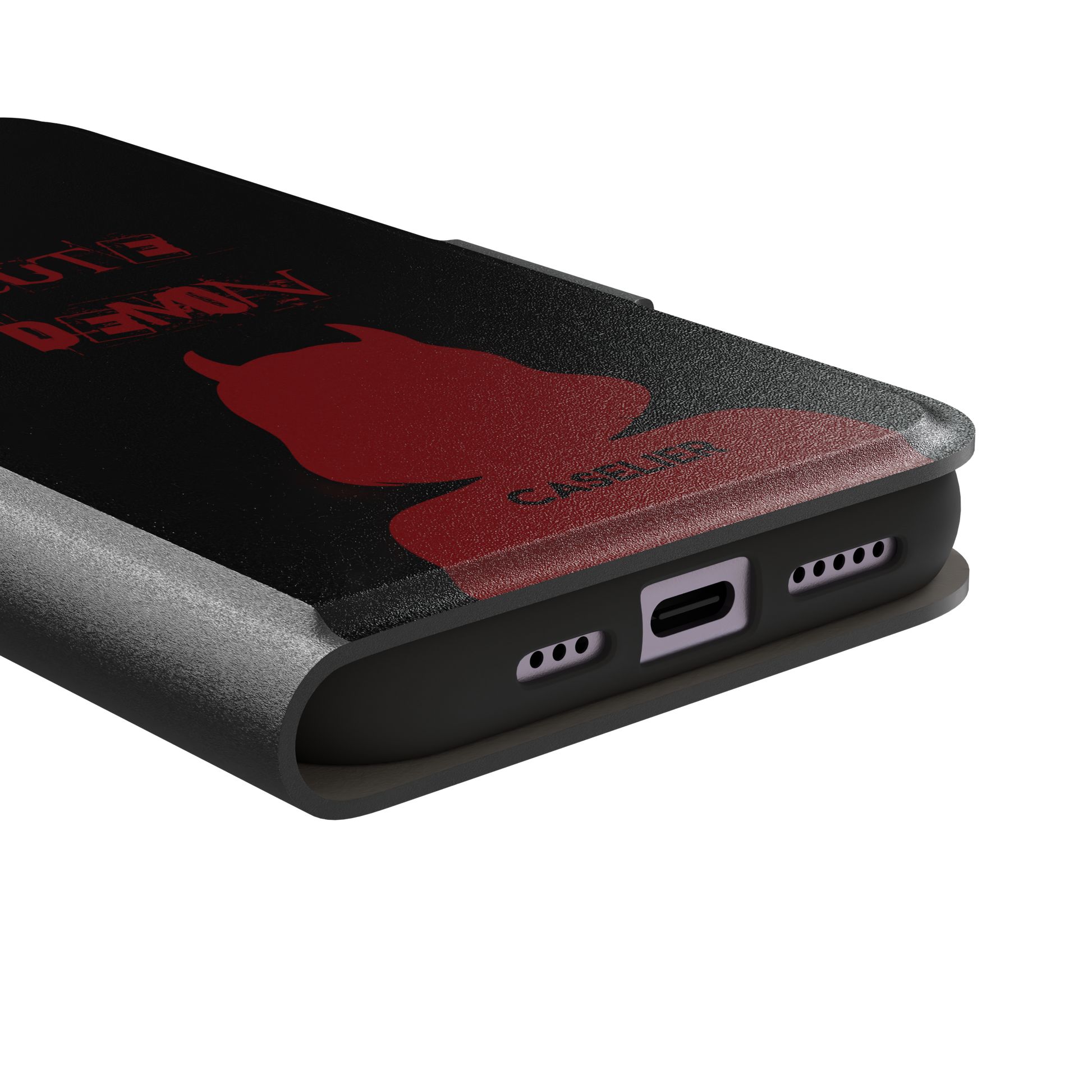 Cute Demon phone case in black with deep red devil-horned silhouette and distressed Cute Demon text, phone case by Caselier — wallet case, charging port detail