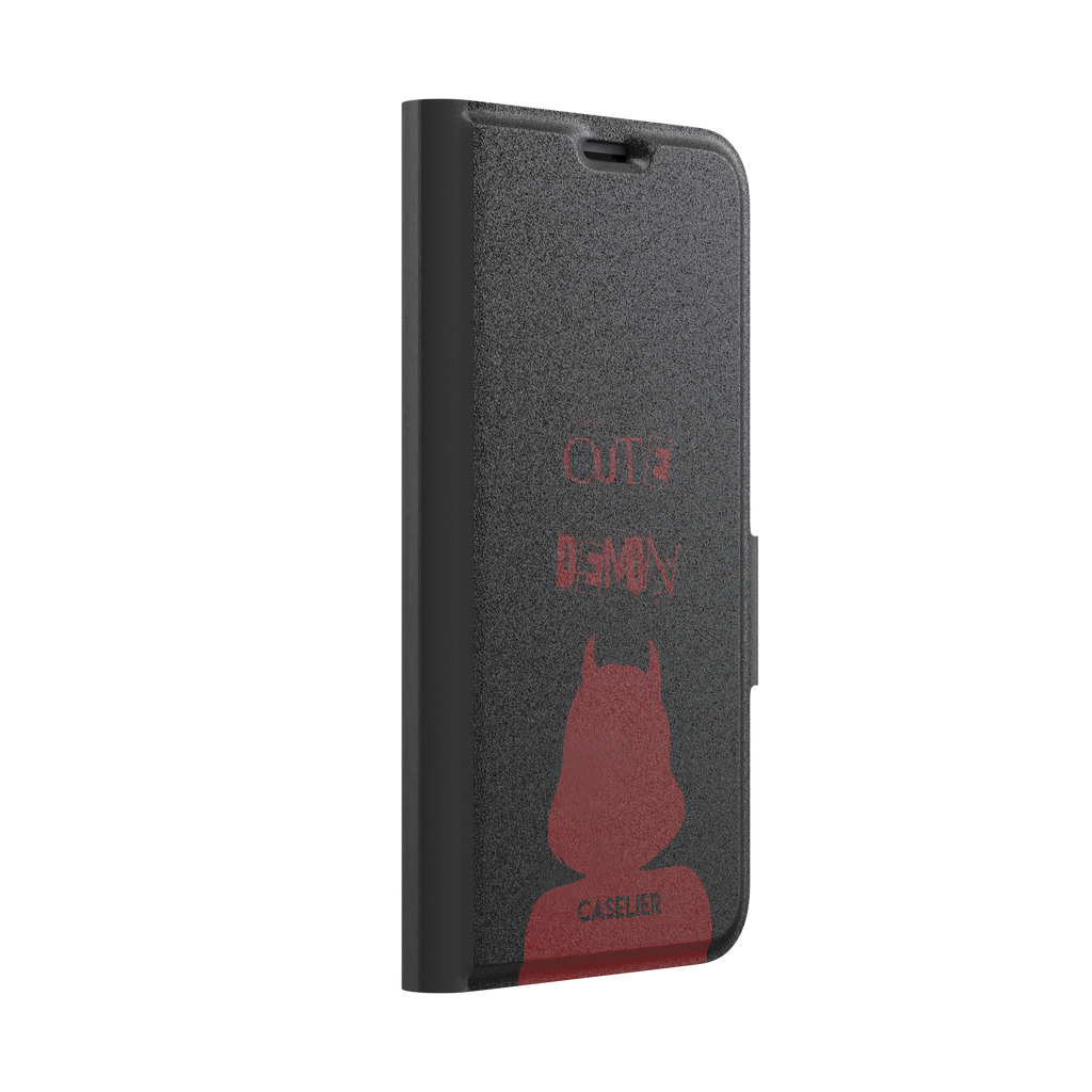 Cute Demon phone case in black with deep red devil-horned silhouette and distressed Cute Demon text, phone case by Caselier — wallet case, left view