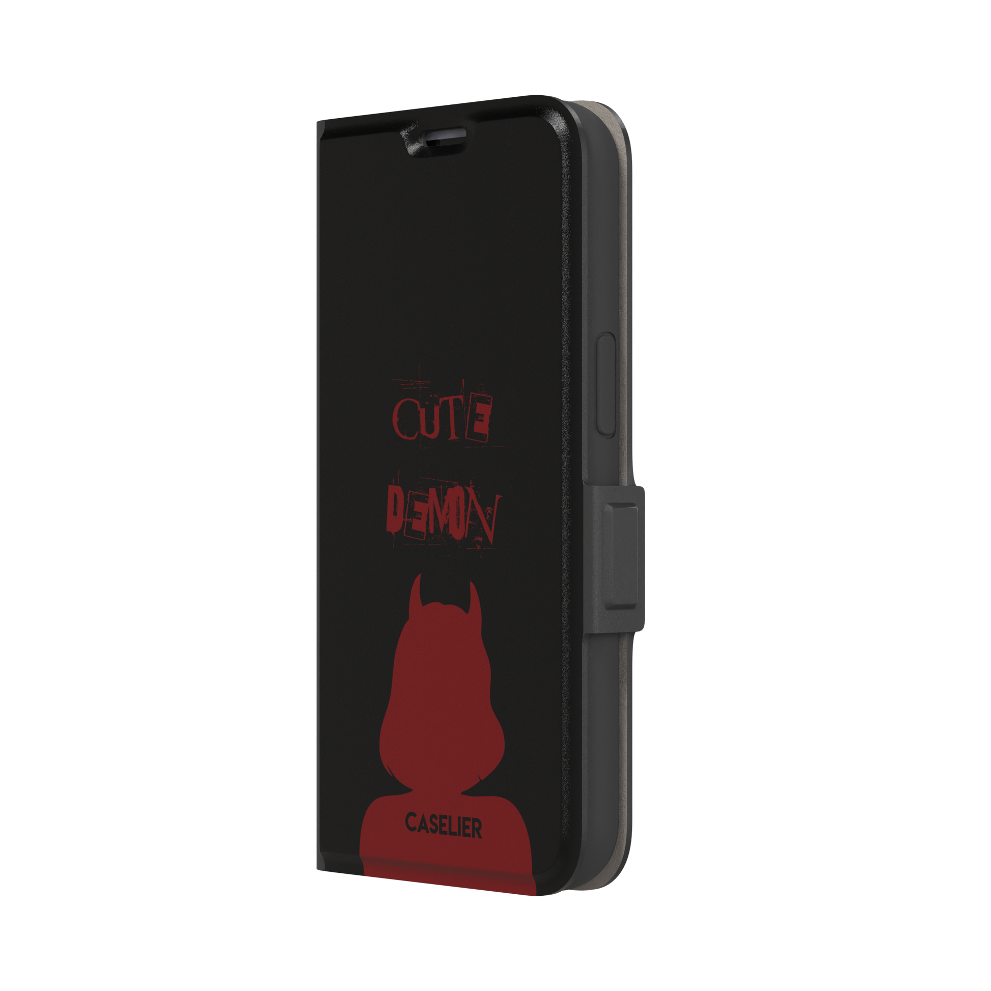 Cute Demon phone case in black with deep red devil-horned silhouette and distressed Cute Demon text, phone case by Caselier — wallet case, right view