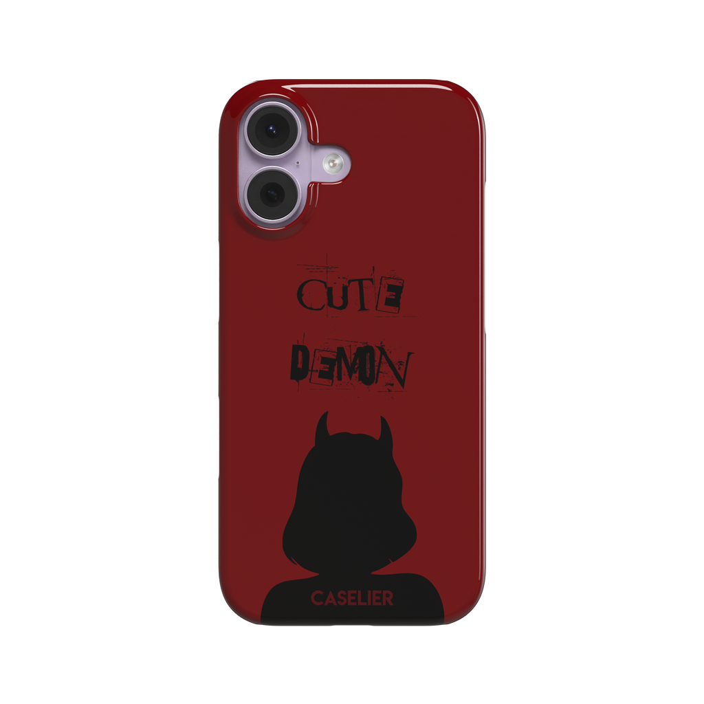 Cute Demon phone case in deep red with black devil-horned silhouette and distressed Cute Demon text, phone case by Caselier — snap case, front view