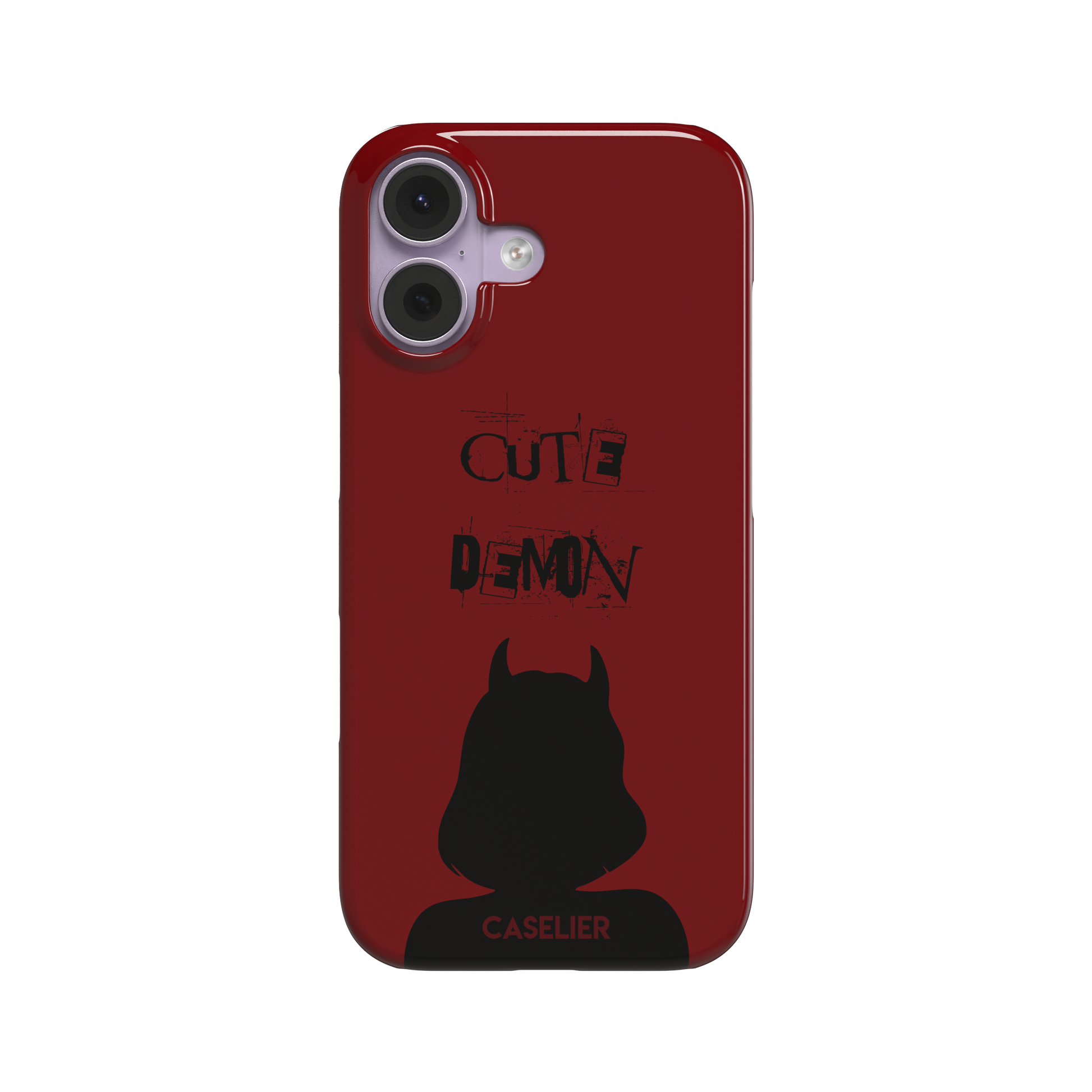 Cute Demon phone case in deep red with black devil-horned silhouette and distressed Cute Demon text, phone case by Caselier — snap case, front view
