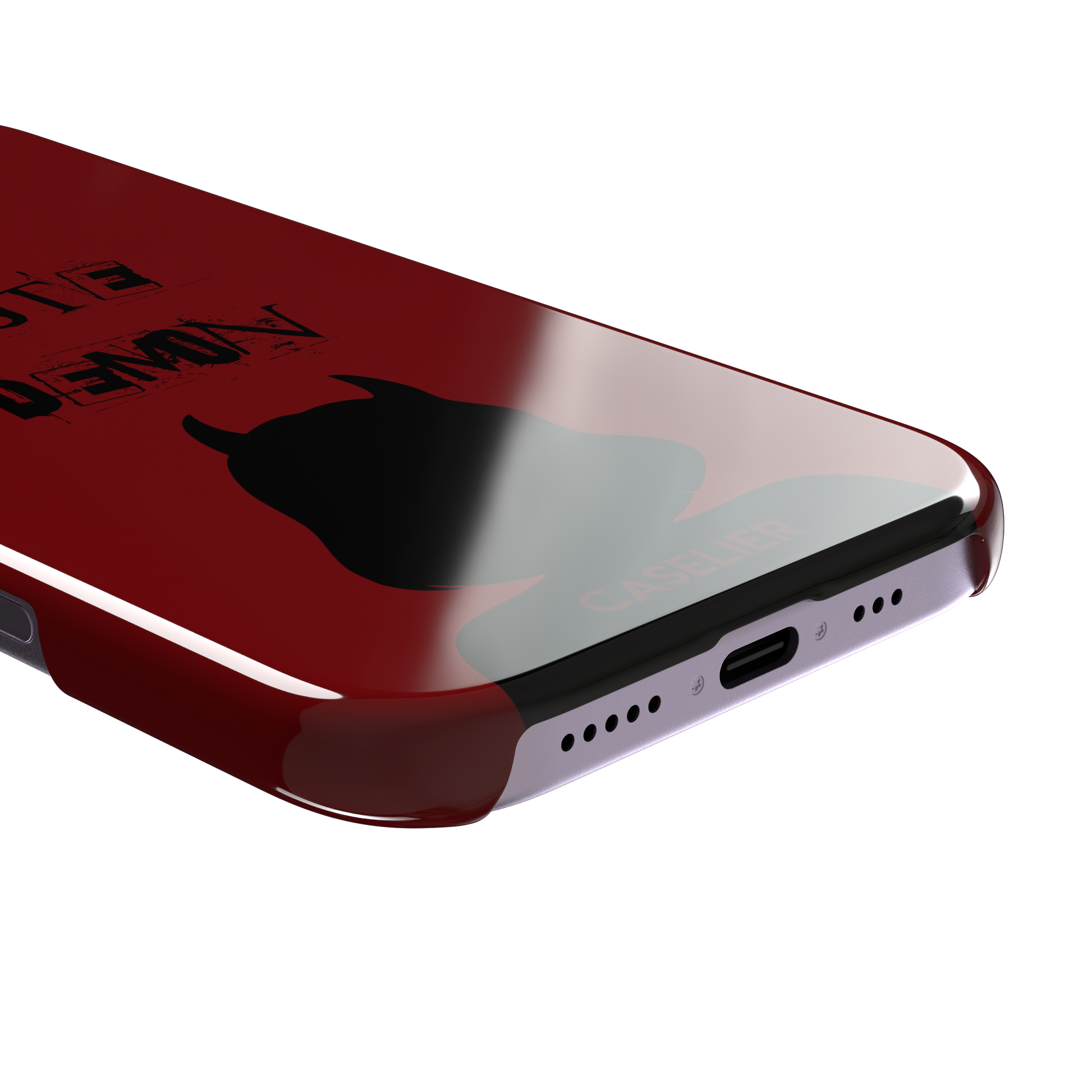 Cute Demon phone case in deep red with black devil-horned silhouette and distressed Cute Demon text, phone case by Caselier — snap case, charging port detail
