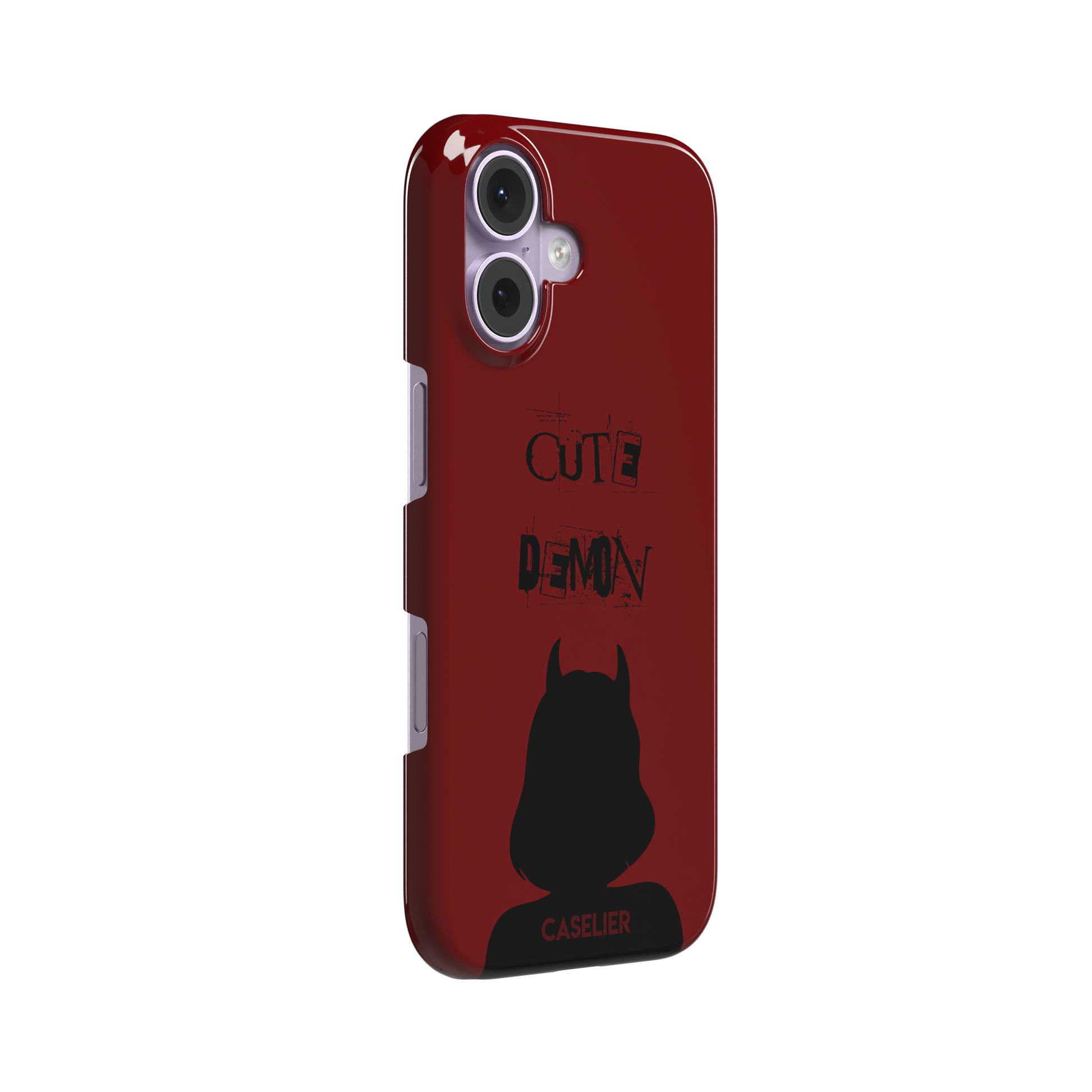 Cute Demon phone case in deep red with black devil-horned silhouette and distressed Cute Demon text, phone case by Caselier — snap case, left view