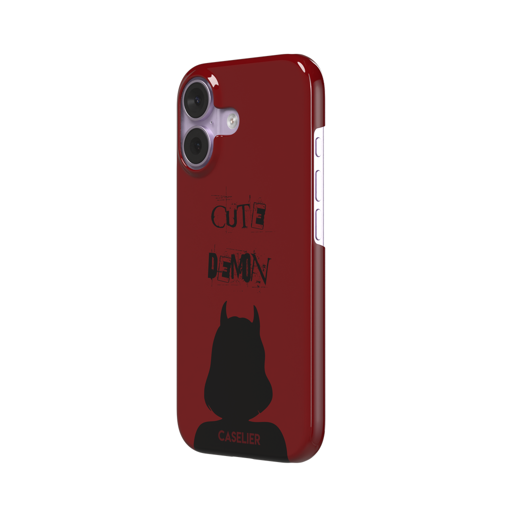 Cute Demon phone case in deep red with black devil-horned silhouette and distressed Cute Demon text, phone case by Caselier — snap case, right view