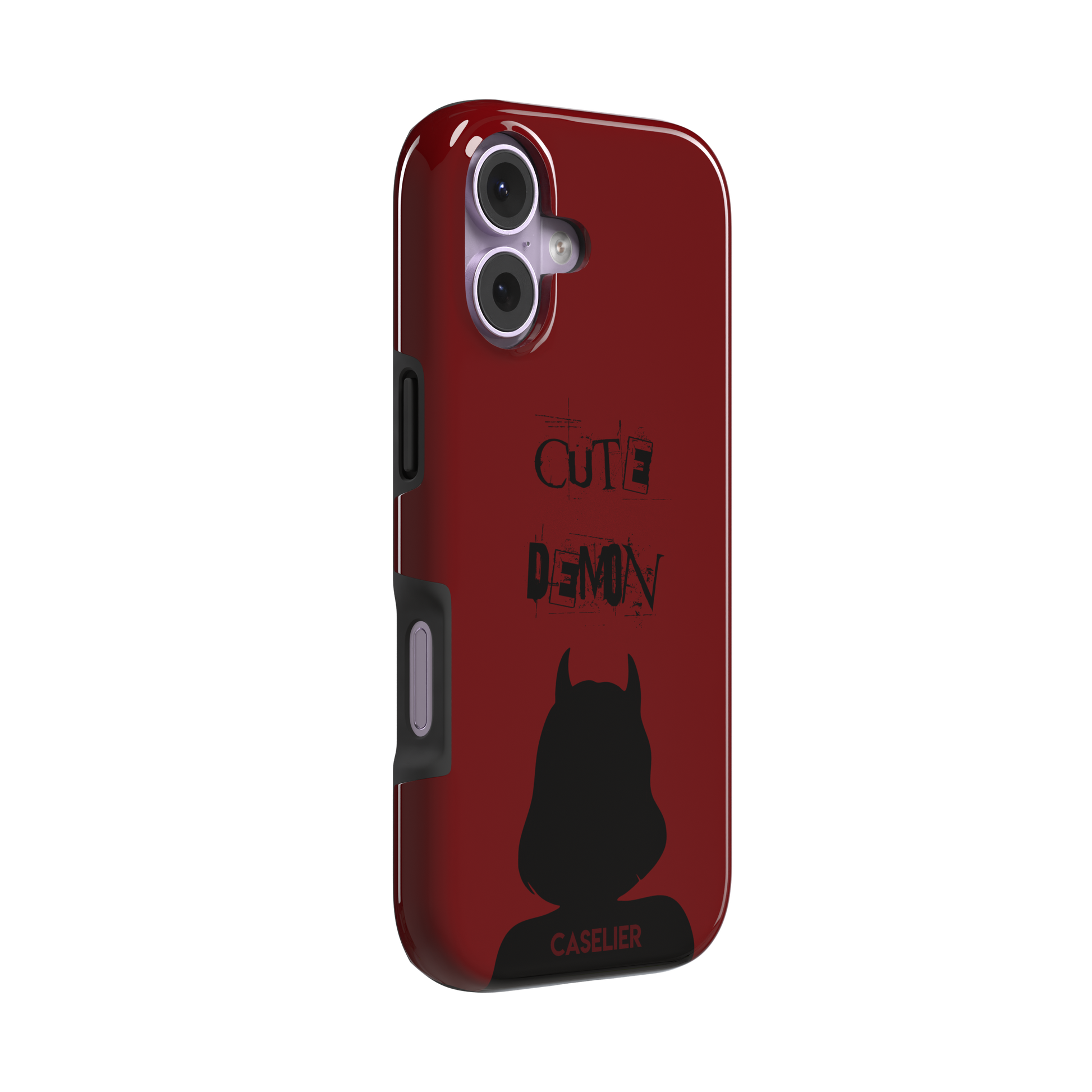 Cute Demon phone case in deep red with black devil-horned silhouette and distressed Cute Demon text, phone case by Caselier — tough case, left view