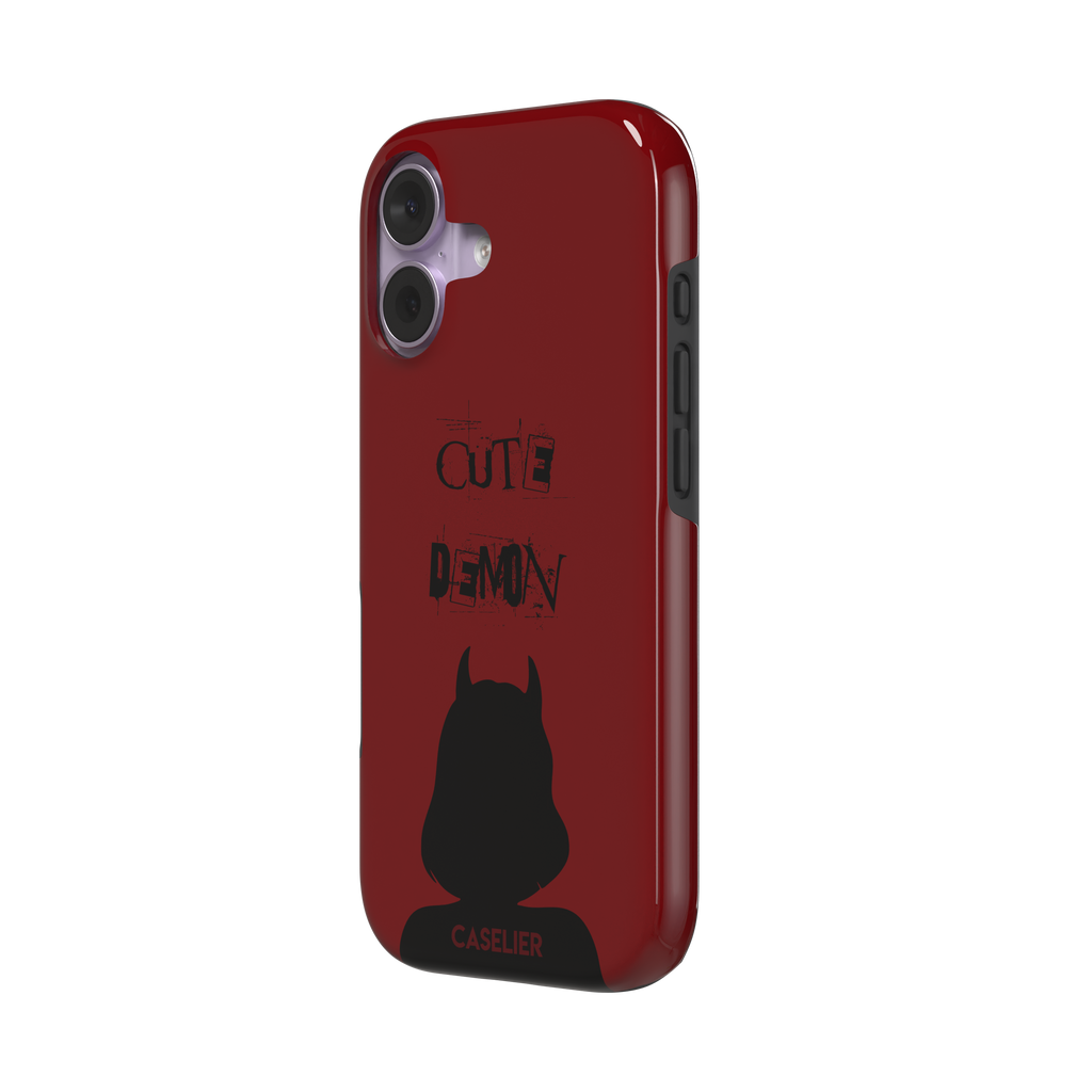 Cute Demon phone case in deep red with black devil-horned silhouette and distressed Cute Demon text, phone case by Caselier — tough case, right view