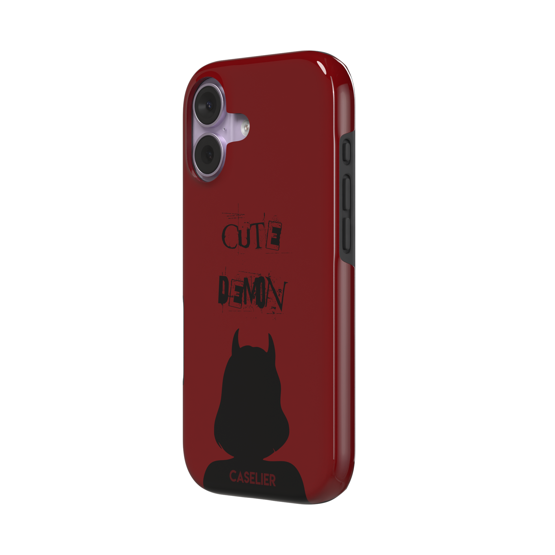 Cute Demon phone case in deep red with black devil-horned silhouette and distressed Cute Demon text, phone case by Caselier — tough case, right view