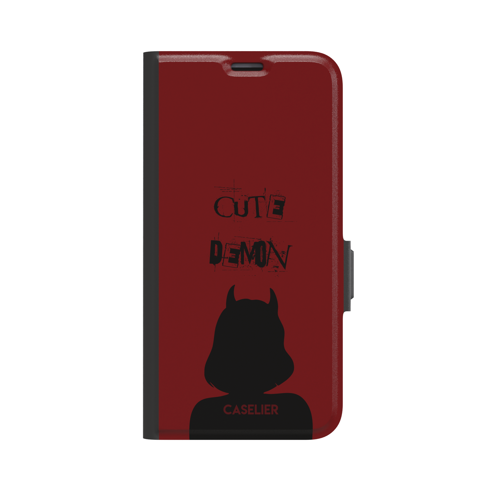 Cute Demon phone case in deep red with black devil-horned silhouette and distressed Cute Demon text, phone case by Caselier — wallet case, front view