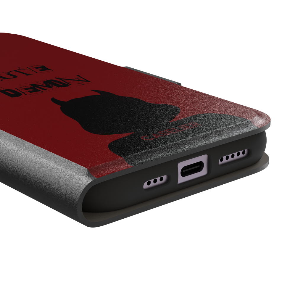 Cute Demon phone case in deep red with black devil-horned silhouette and distressed Cute Demon text, phone case by Caselier — wallet case, charging port detail