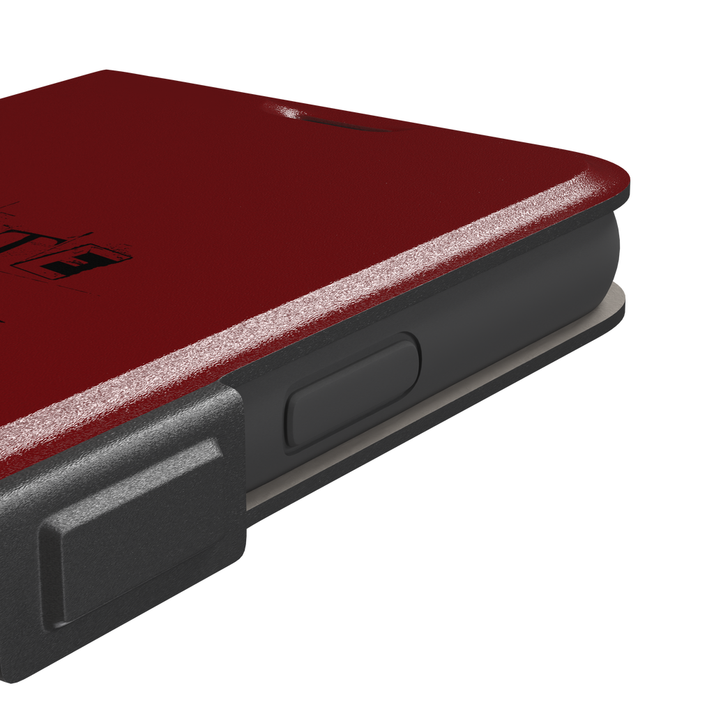 Cute Demon phone case in deep red with black devil-horned silhouette and distressed Cute Demon text, phone case by Caselier — wallet case, volume buttons detail