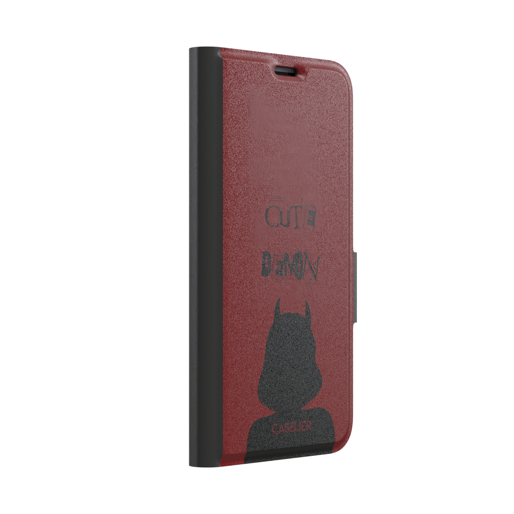 Cute Demon phone case in deep red with black devil-horned silhouette and distressed Cute Demon text, phone case by Caselier — wallet case, left view