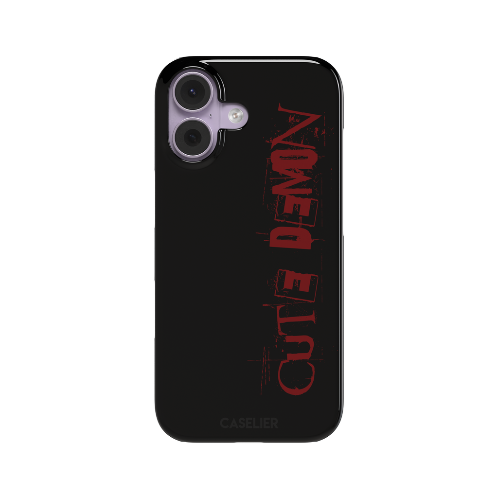 Cute Demon black phone case with vertical distressed deep red Cute Demon typography along the right side, phone case by Caselier — snap case, front view