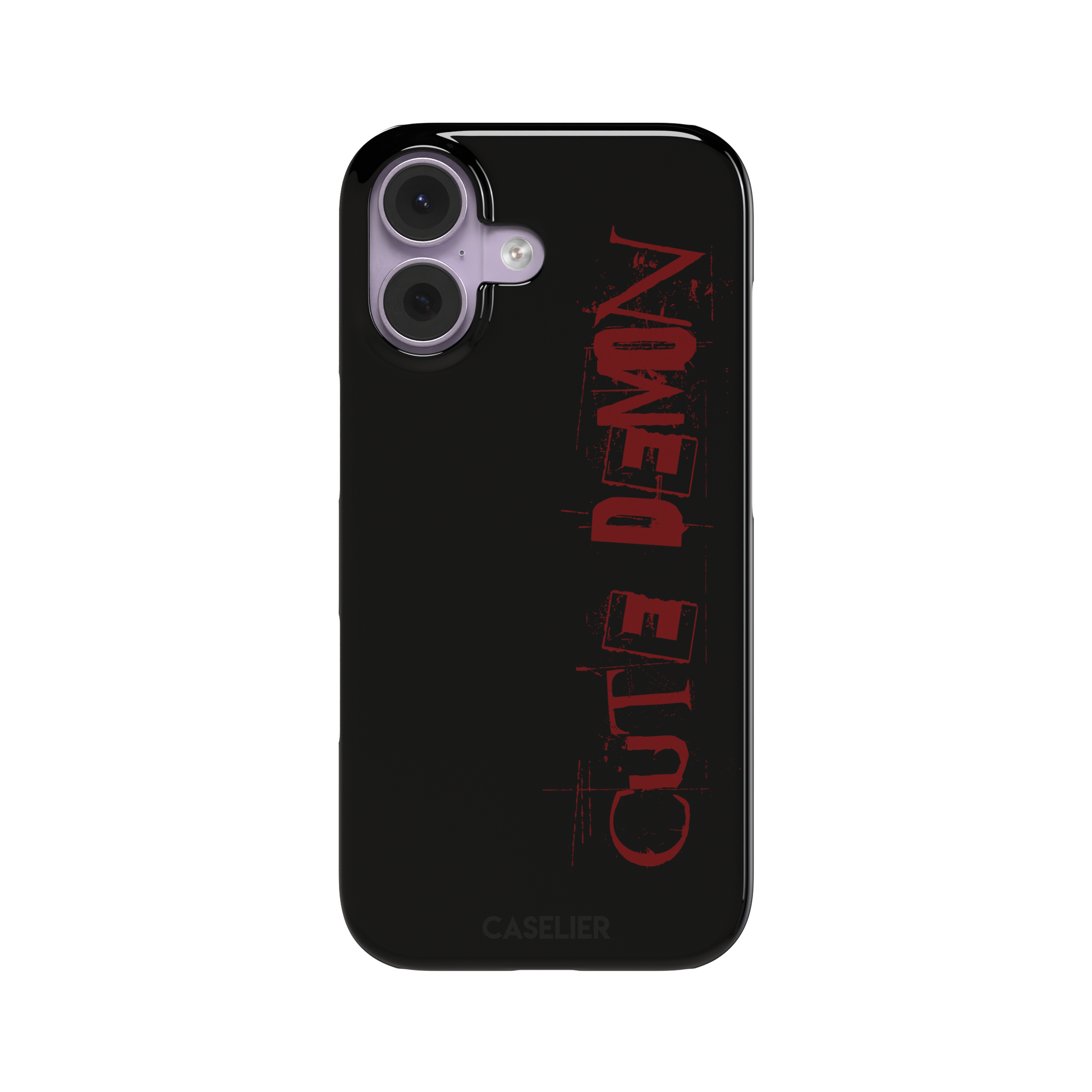Cute Demon black phone case with vertical distressed deep red Cute Demon typography along the right side, phone case by Caselier — snap case, front view