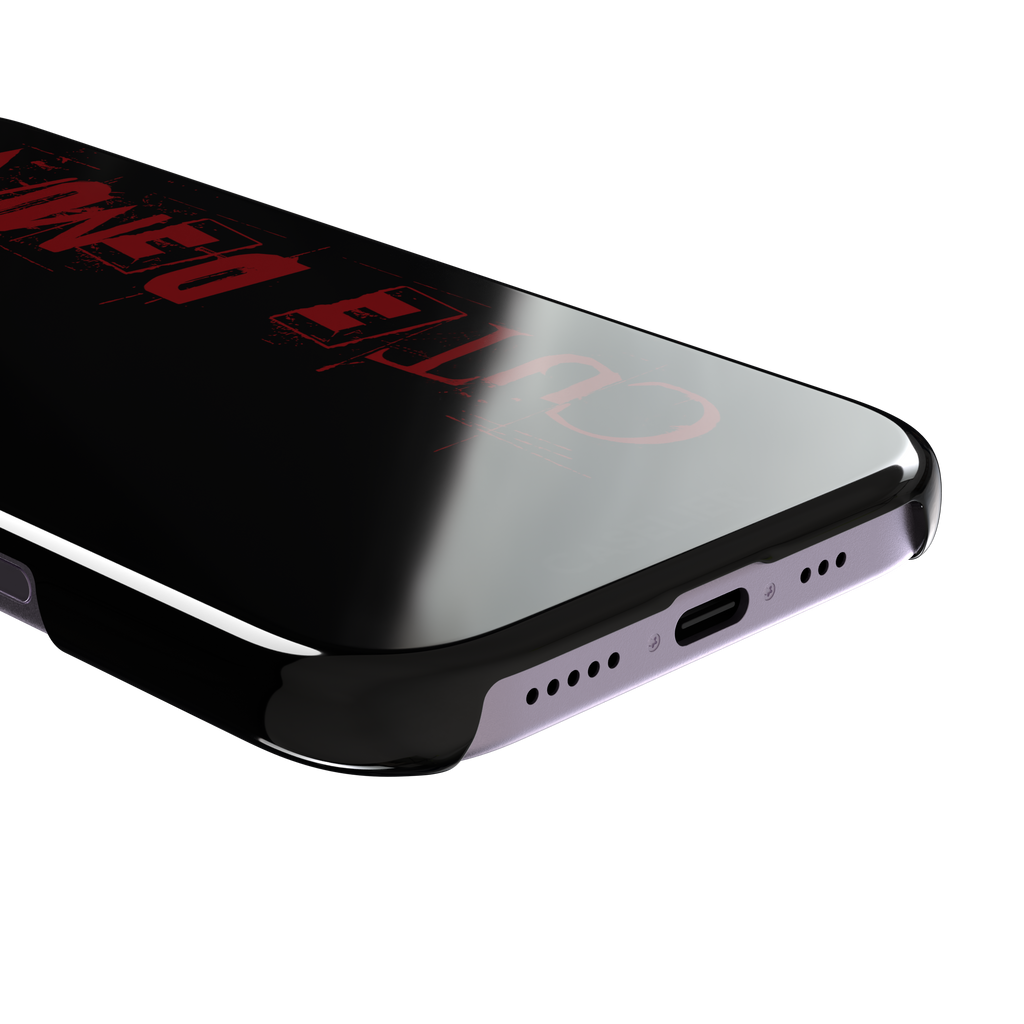Cute Demon black phone case with vertical distressed deep red Cute Demon typography along the right side, phone case by Caselier — snap case, charging port detail