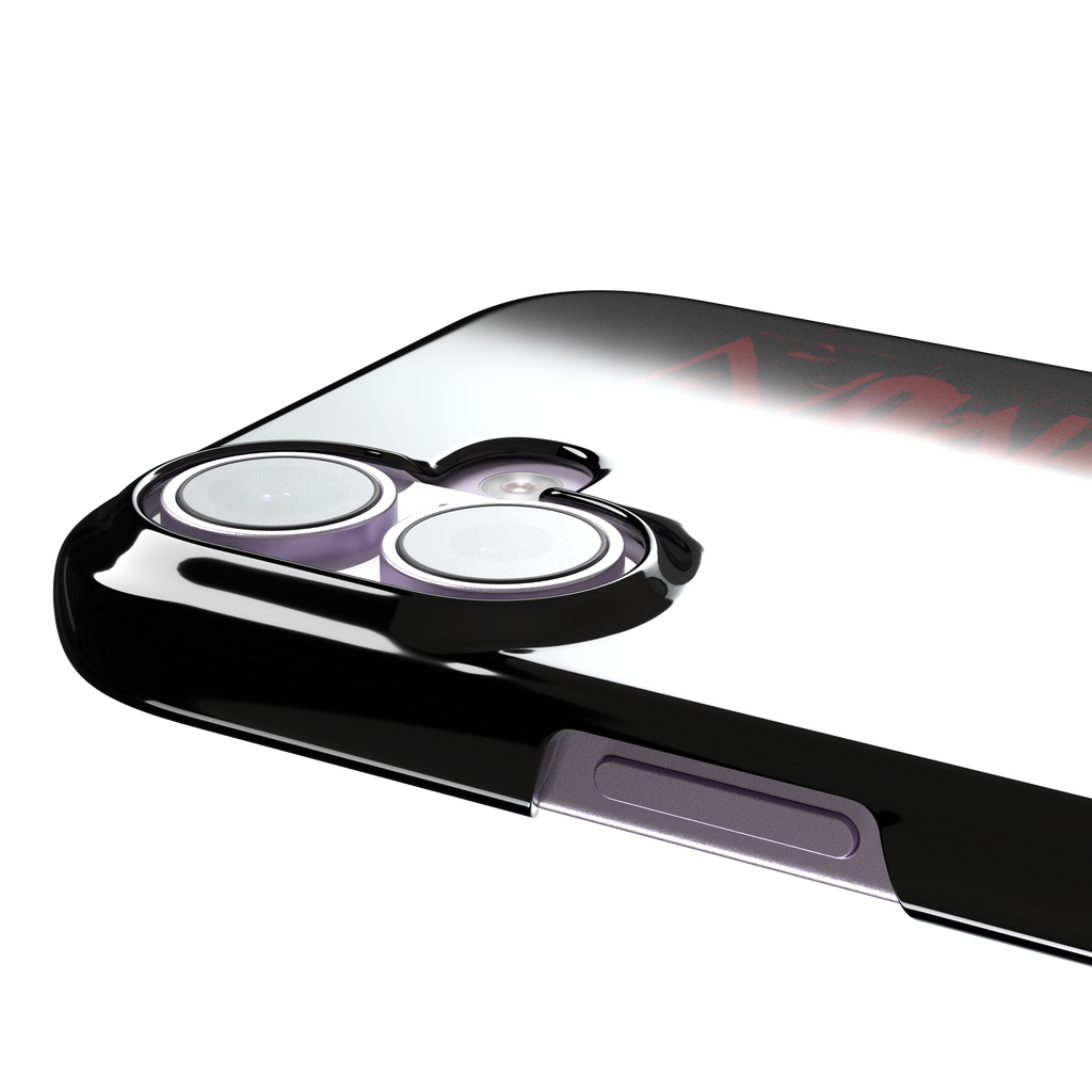 Cute Demon black phone case with vertical distressed deep red Cute Demon typography along the right side, phone case by Caselier — snap case, volume buttons detail