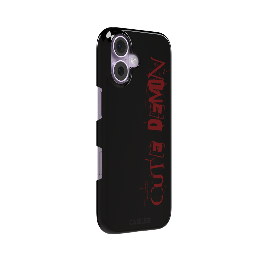 Cute Demon black phone case with vertical distressed deep red Cute Demon typography along the right side, phone case by Caselier — snap case, left view