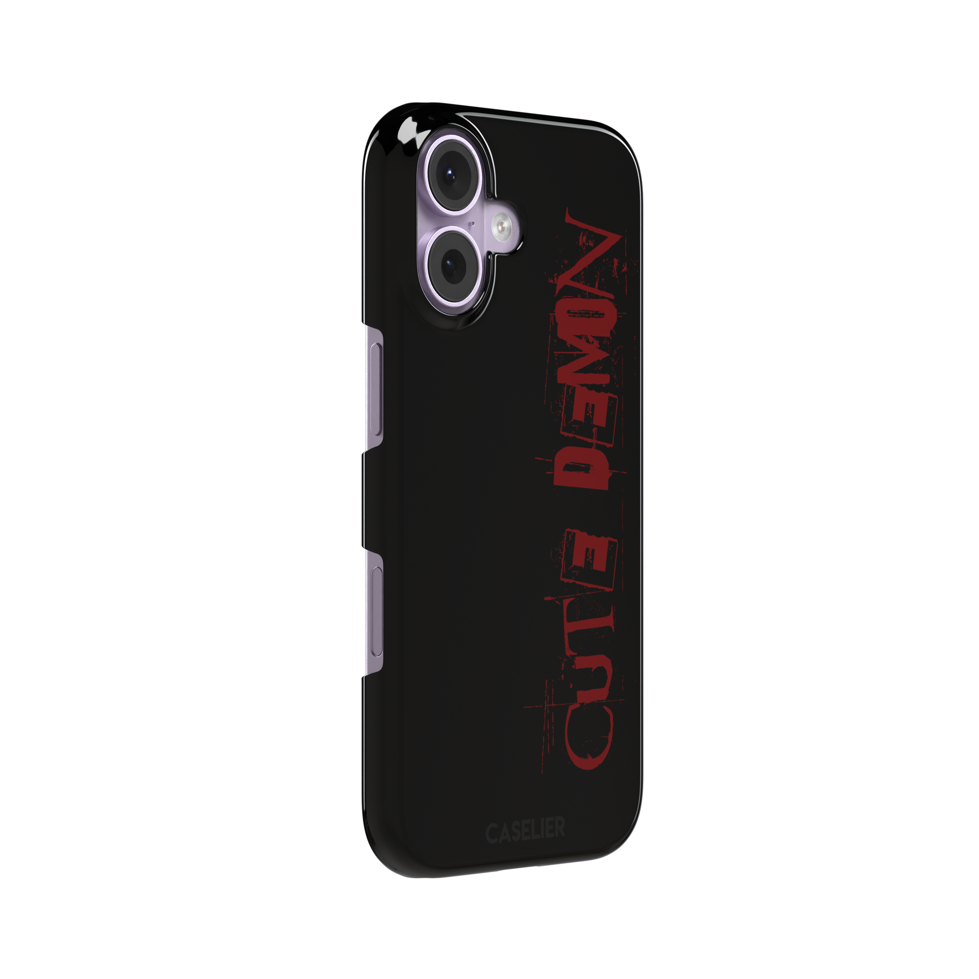 Cute Demon black phone case with vertical distressed deep red Cute Demon typography along the right side, phone case by Caselier — snap case, left view