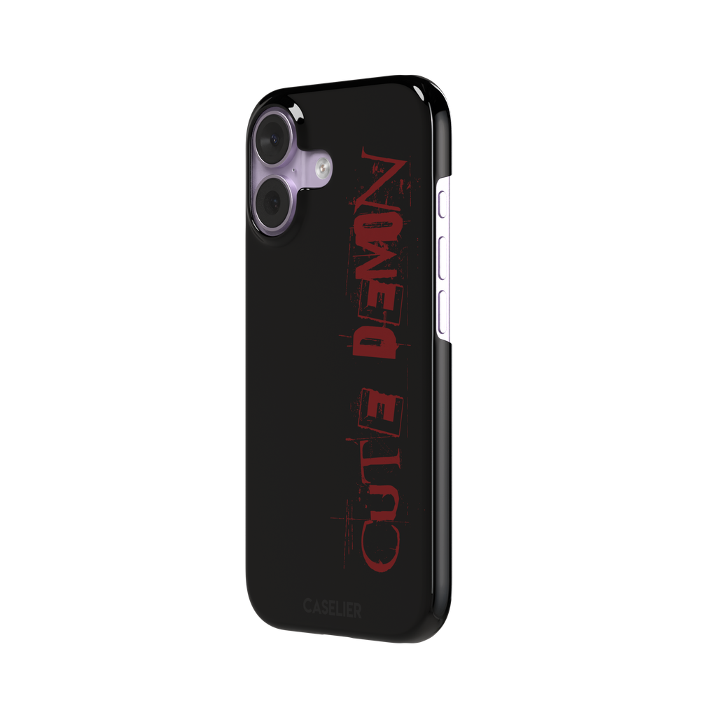 Cute Demon black phone case with vertical distressed deep red Cute Demon typography along the right side, phone case by Caselier — snap case, right view