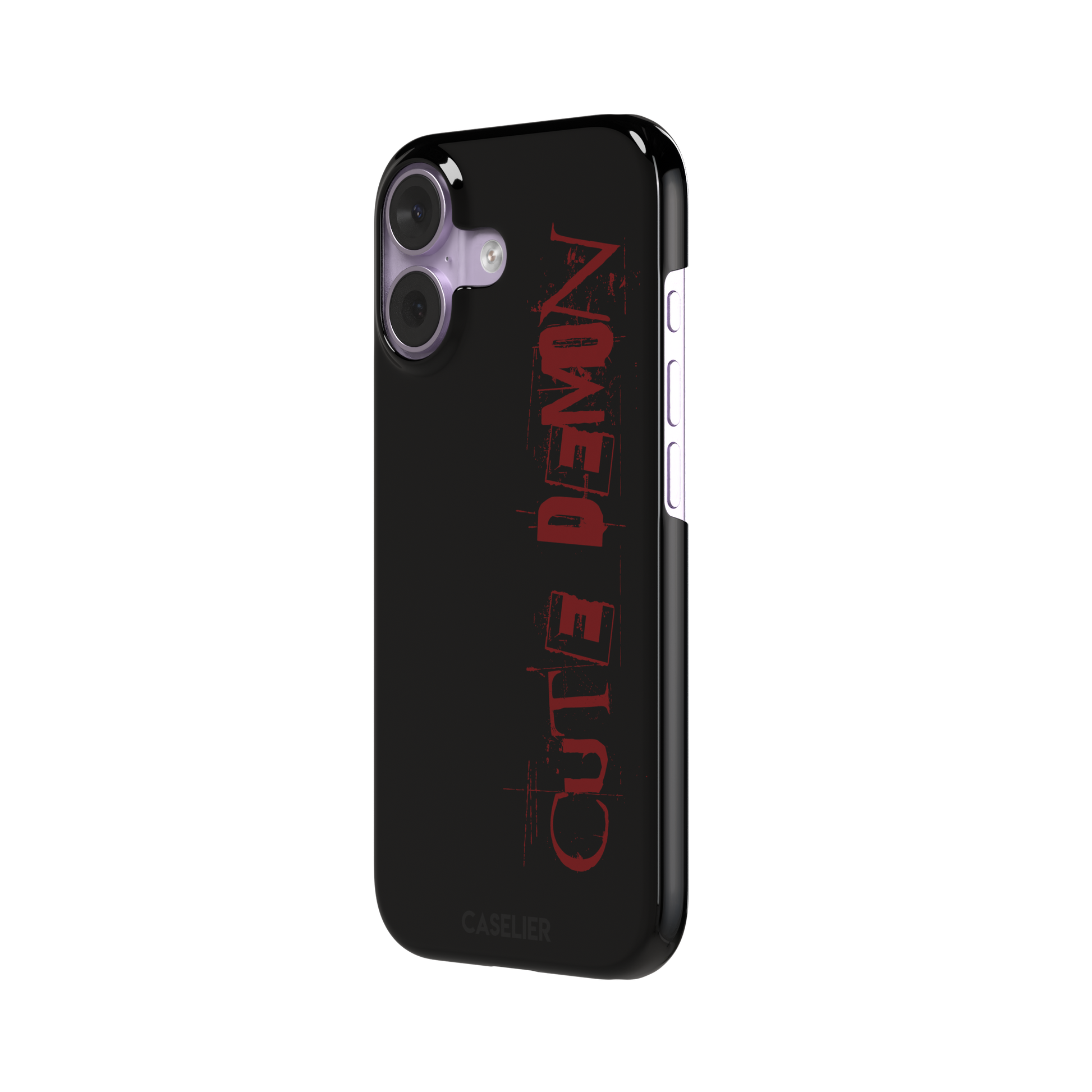 Cute Demon black phone case with vertical distressed deep red Cute Demon typography along the right side, phone case by Caselier — snap case, right view