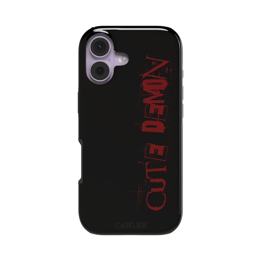 Cute Demon black phone case with vertical distressed deep red Cute Demon typography along the right side, phone case by Caselier — tough case, front view