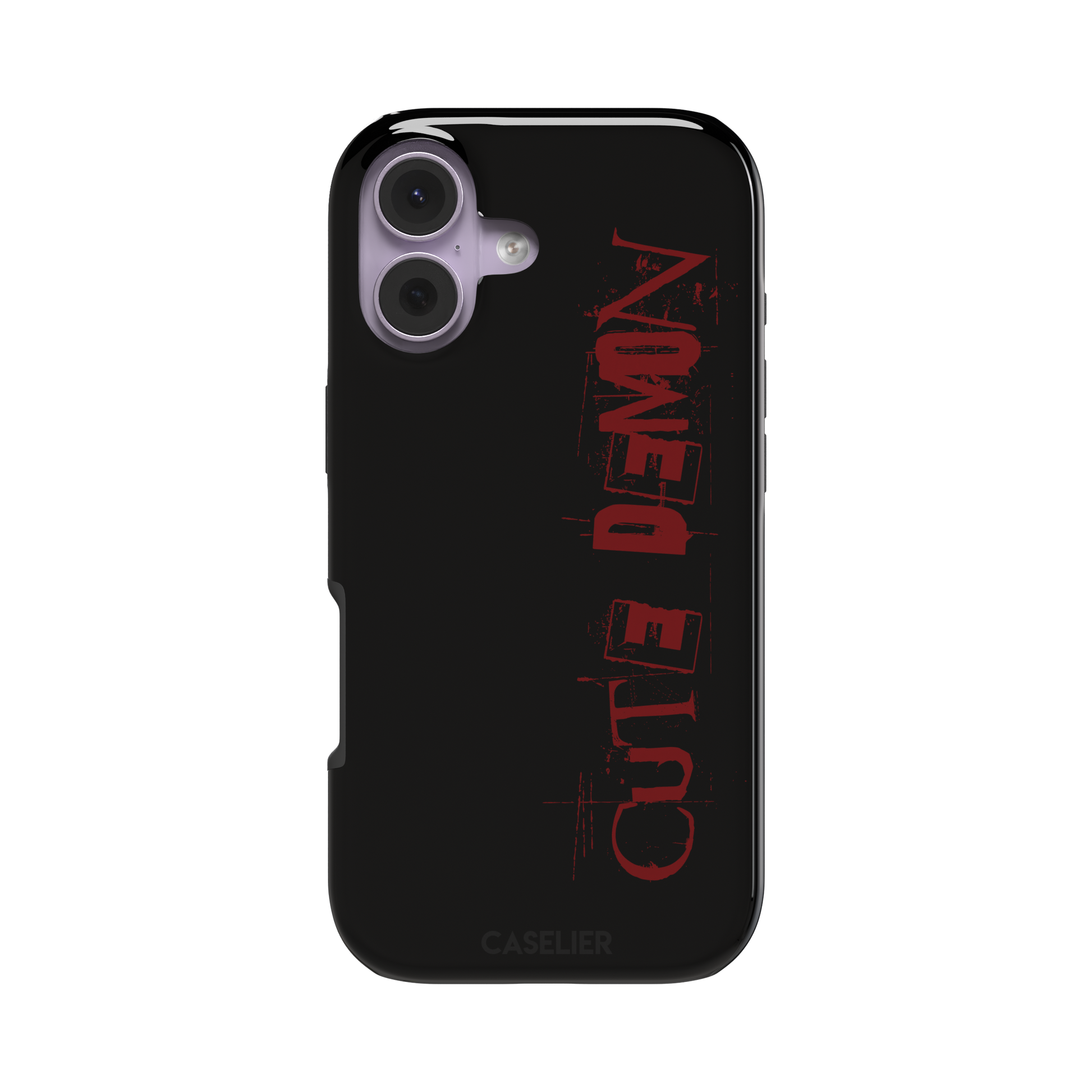 Cute Demon black phone case with vertical distressed deep red Cute Demon typography along the right side, phone case by Caselier — tough case, front view
