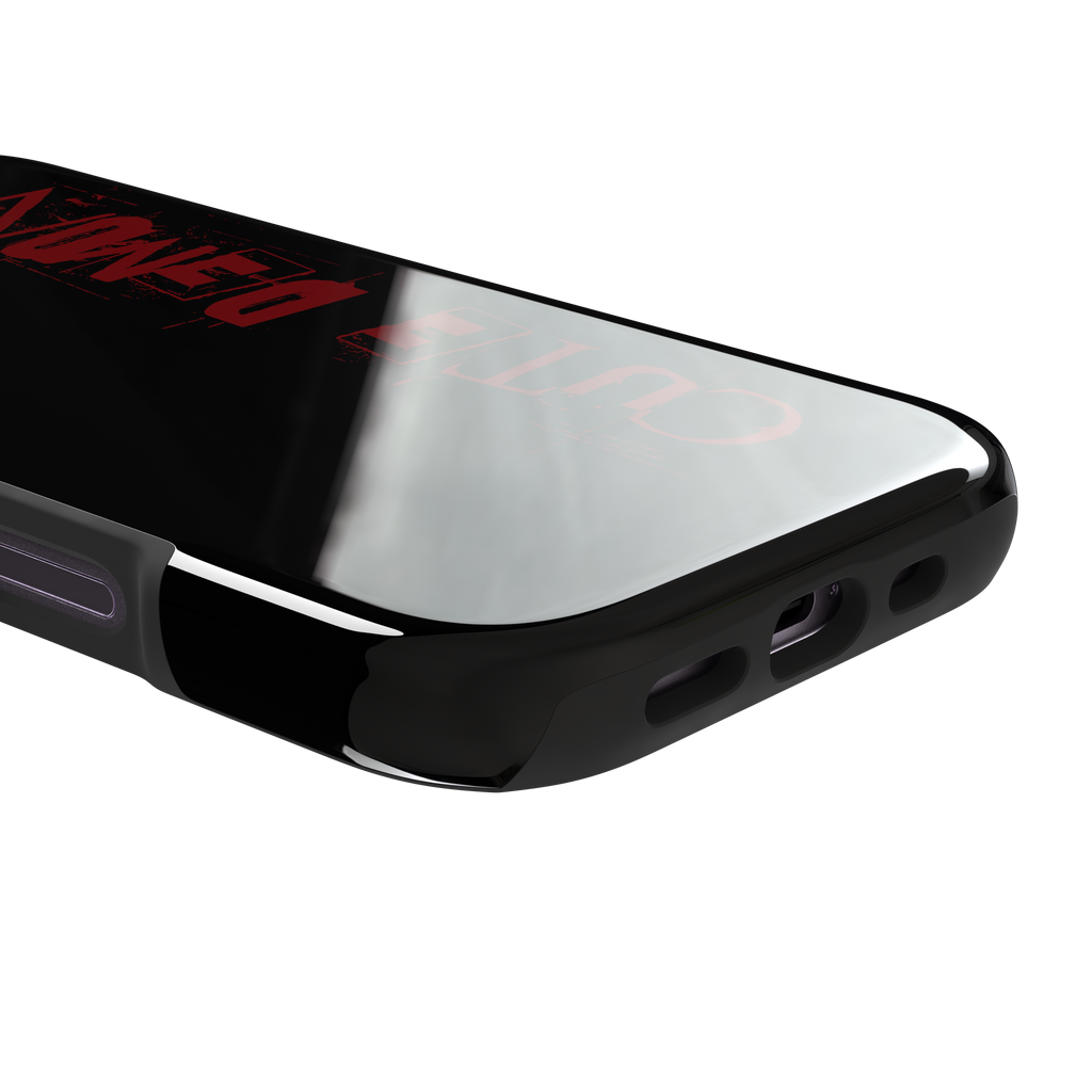 Cute Demon black phone case with vertical distressed deep red Cute Demon typography along the right side, phone case by Caselier — tough case, charging port detail