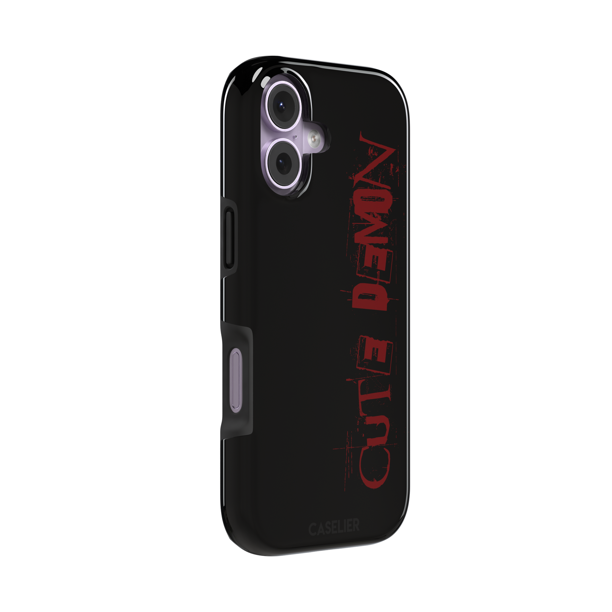 Cute Demon black phone case with vertical distressed deep red Cute Demon typography along the right side, phone case by Caselier — tough case, left view