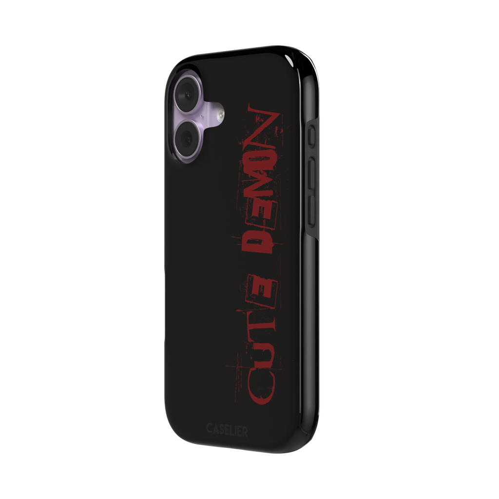 Cute Demon black phone case with vertical distressed deep red Cute Demon typography along the right side, phone case by Caselier — tough case, right view