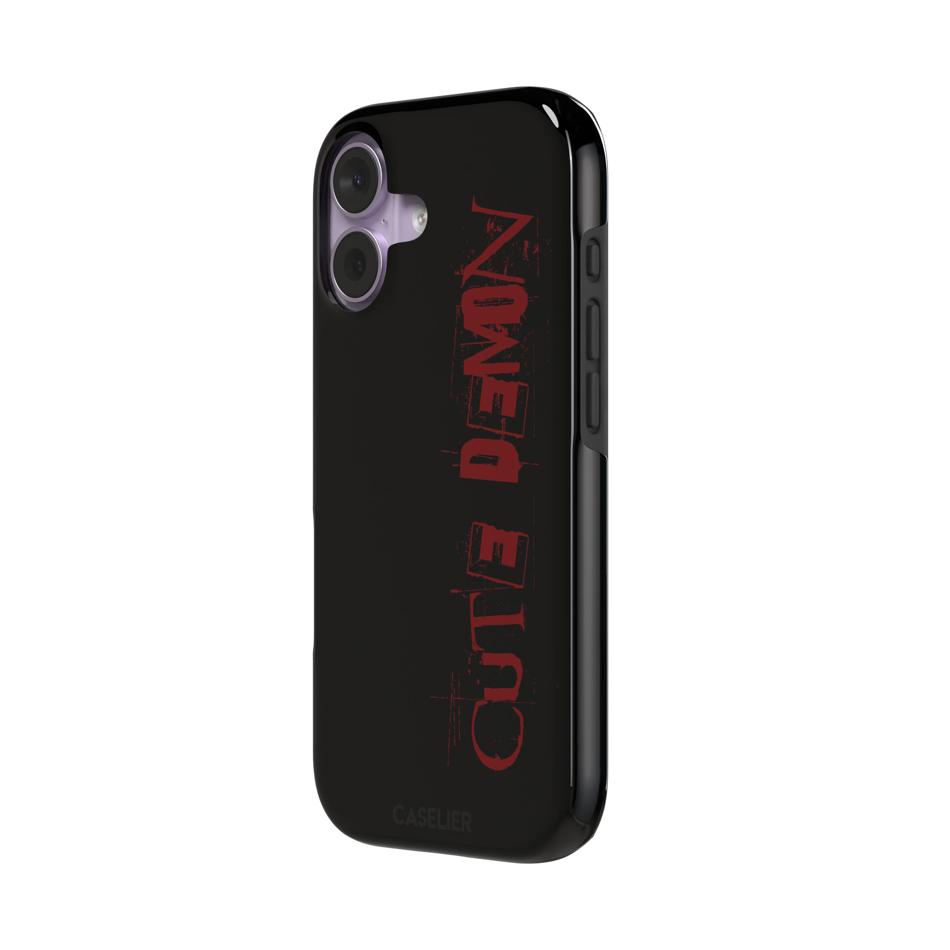 Cute Demon black phone case with vertical distressed deep red Cute Demon typography along the right side, phone case by Caselier — tough case, right view