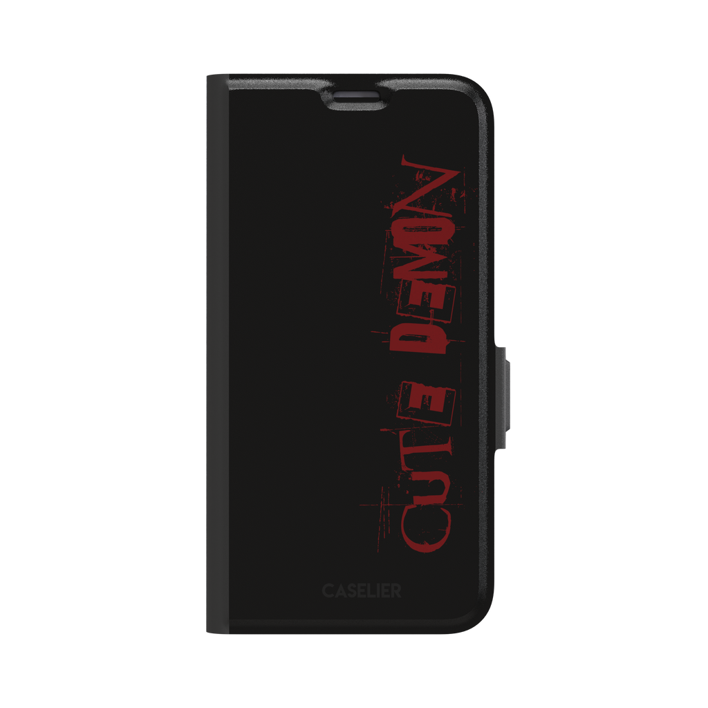 Cute Demon black phone case with vertical distressed deep red Cute Demon typography along the right side, phone case by Caselier — wallet case, front view
