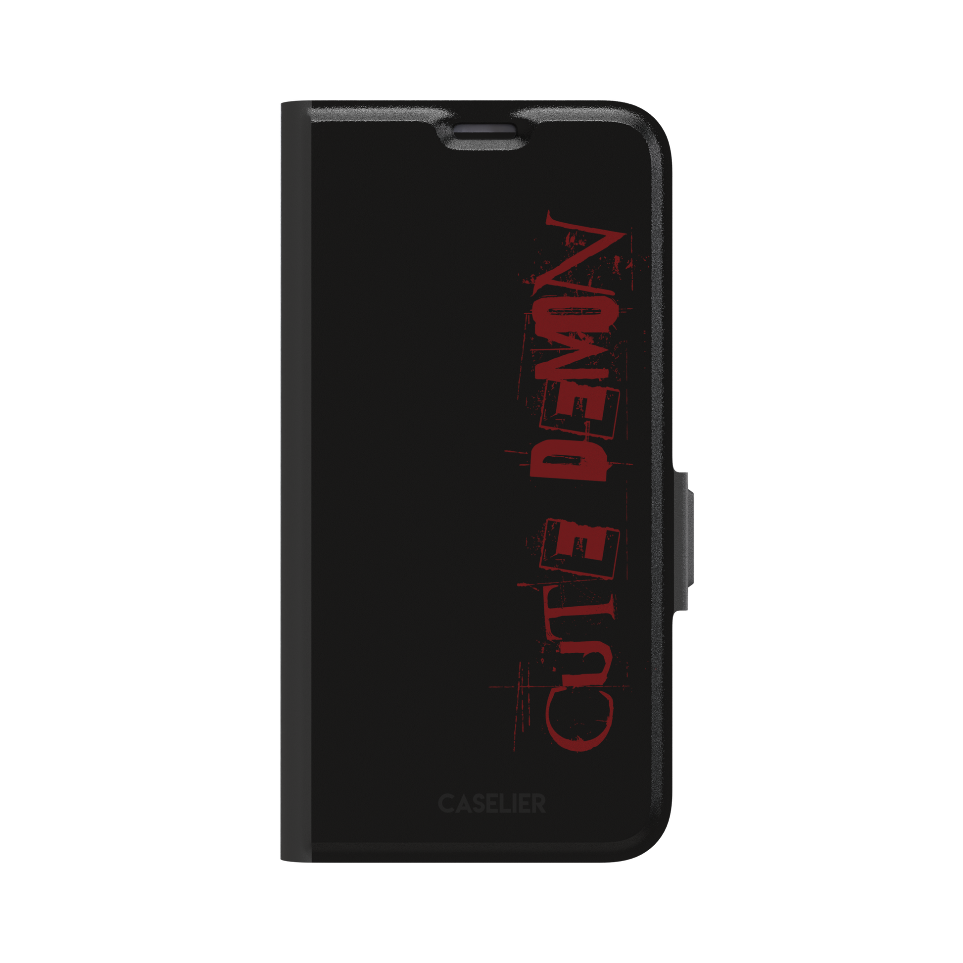 Cute Demon black phone case with vertical distressed deep red Cute Demon typography along the right side, phone case by Caselier — wallet case, front view