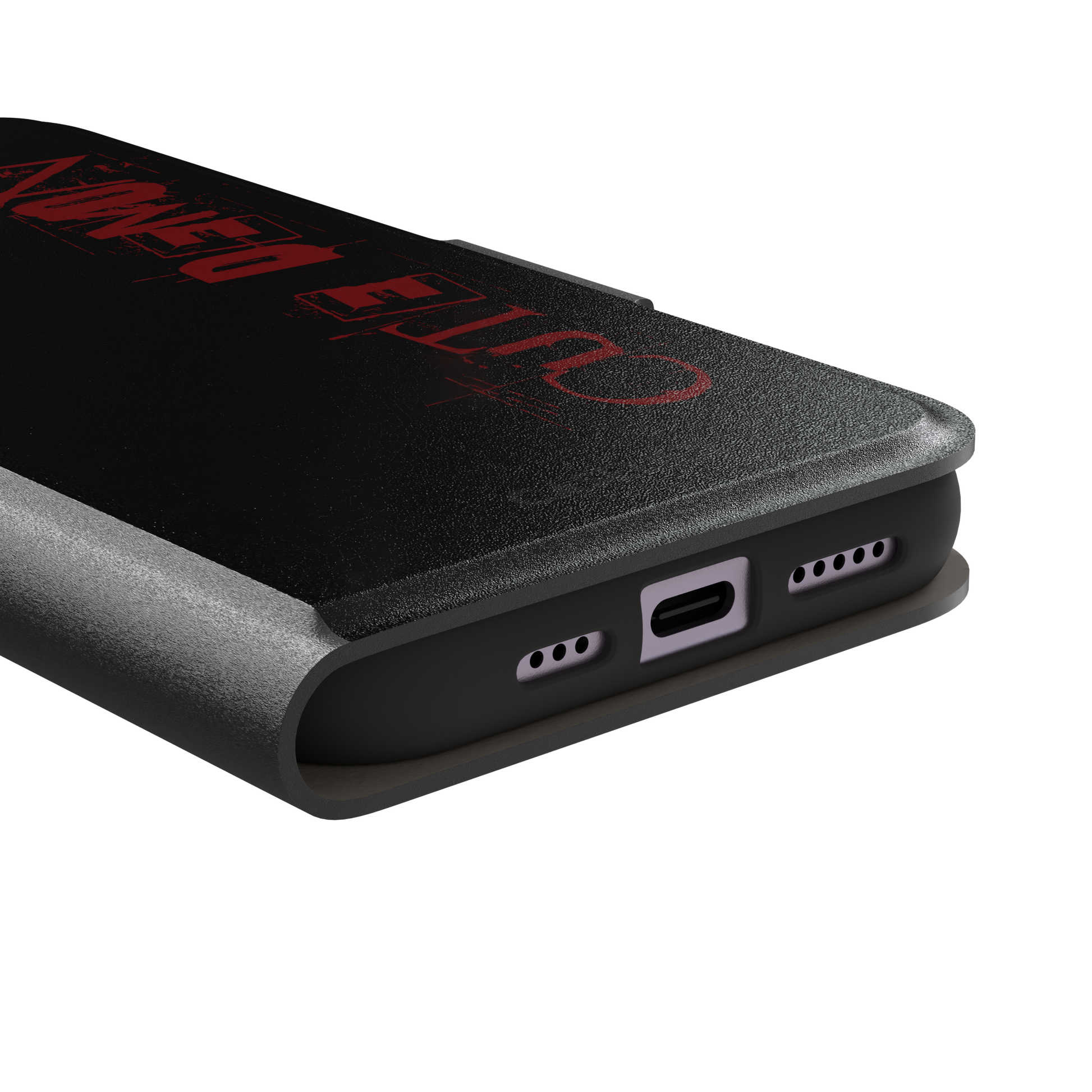 Cute Demon black phone case with vertical distressed deep red Cute Demon typography along the right side, phone case by Caselier — wallet case, charging port detail