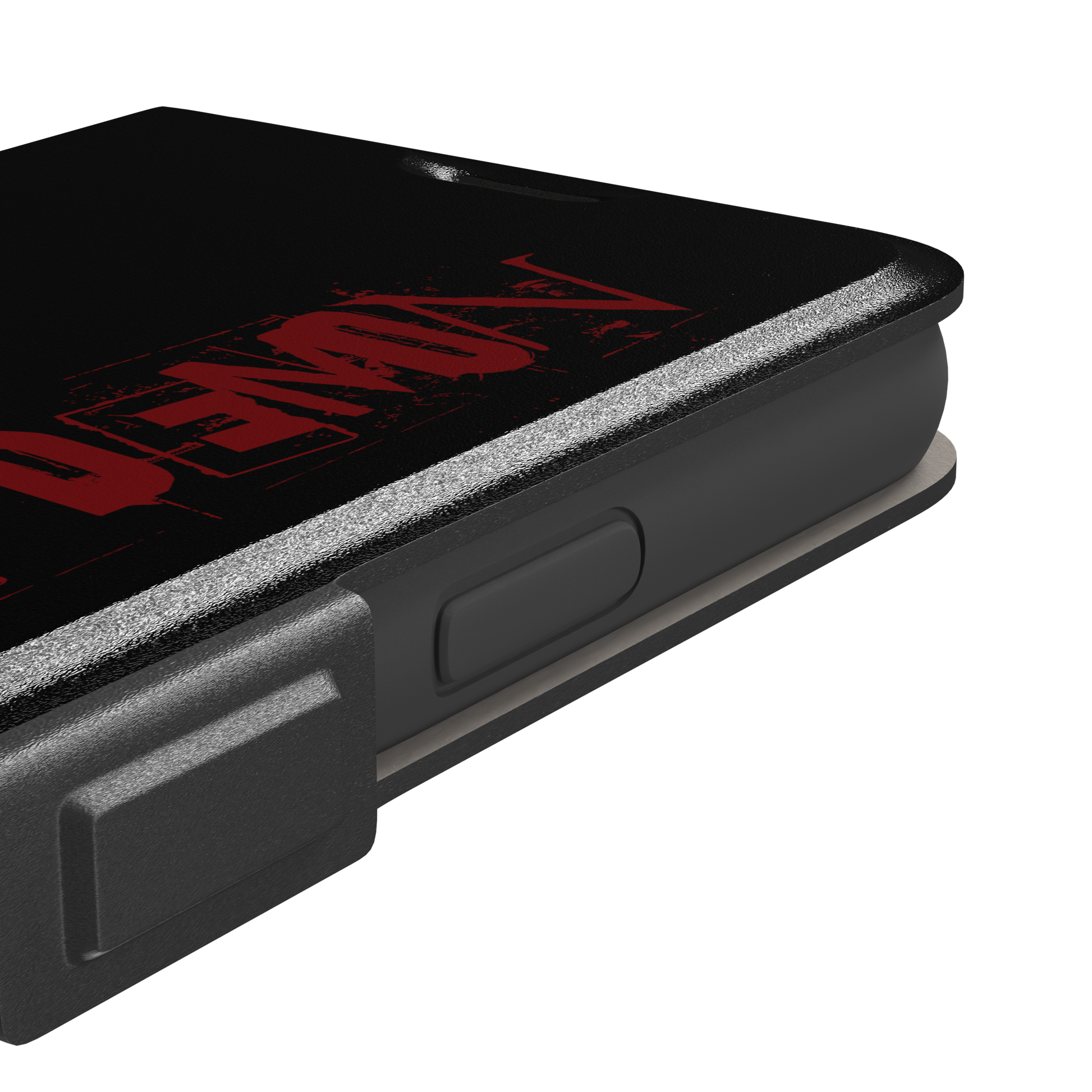 Cute Demon black phone case with vertical distressed deep red Cute Demon typography along the right side, phone case by Caselier — wallet case, volume buttons detail