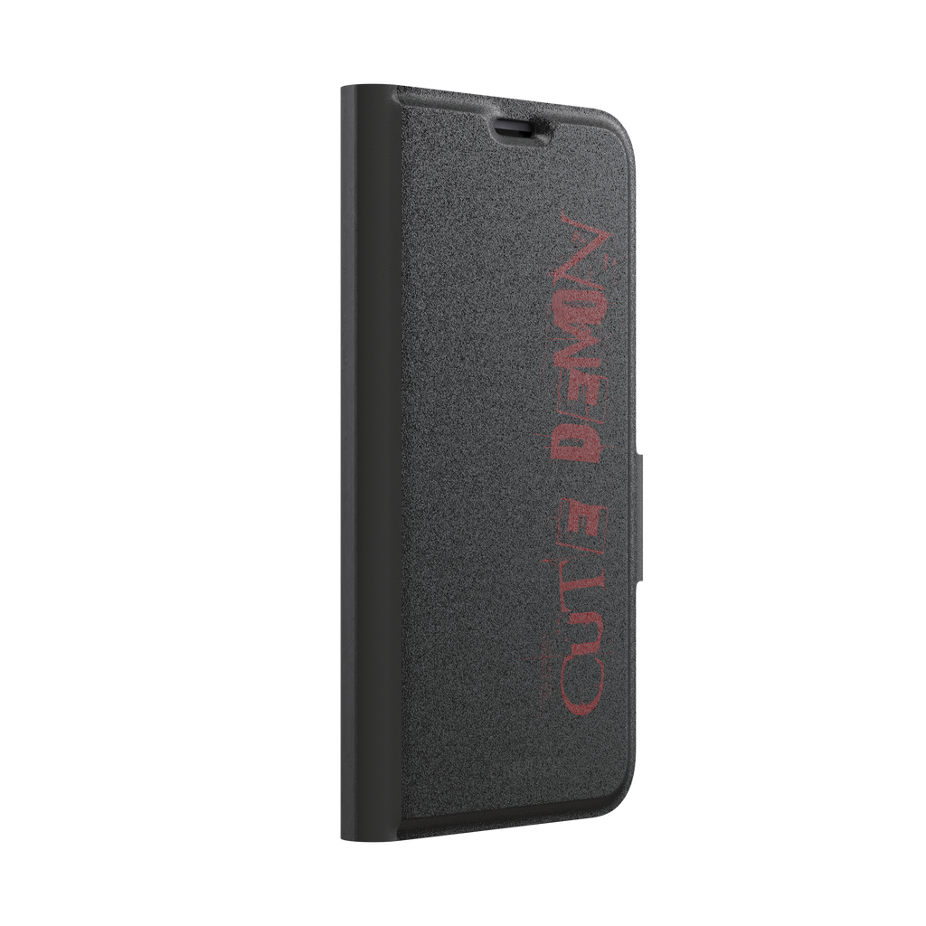 Cute Demon black phone case with vertical distressed deep red Cute Demon typography along the right side, phone case by Caselier — wallet case, left view